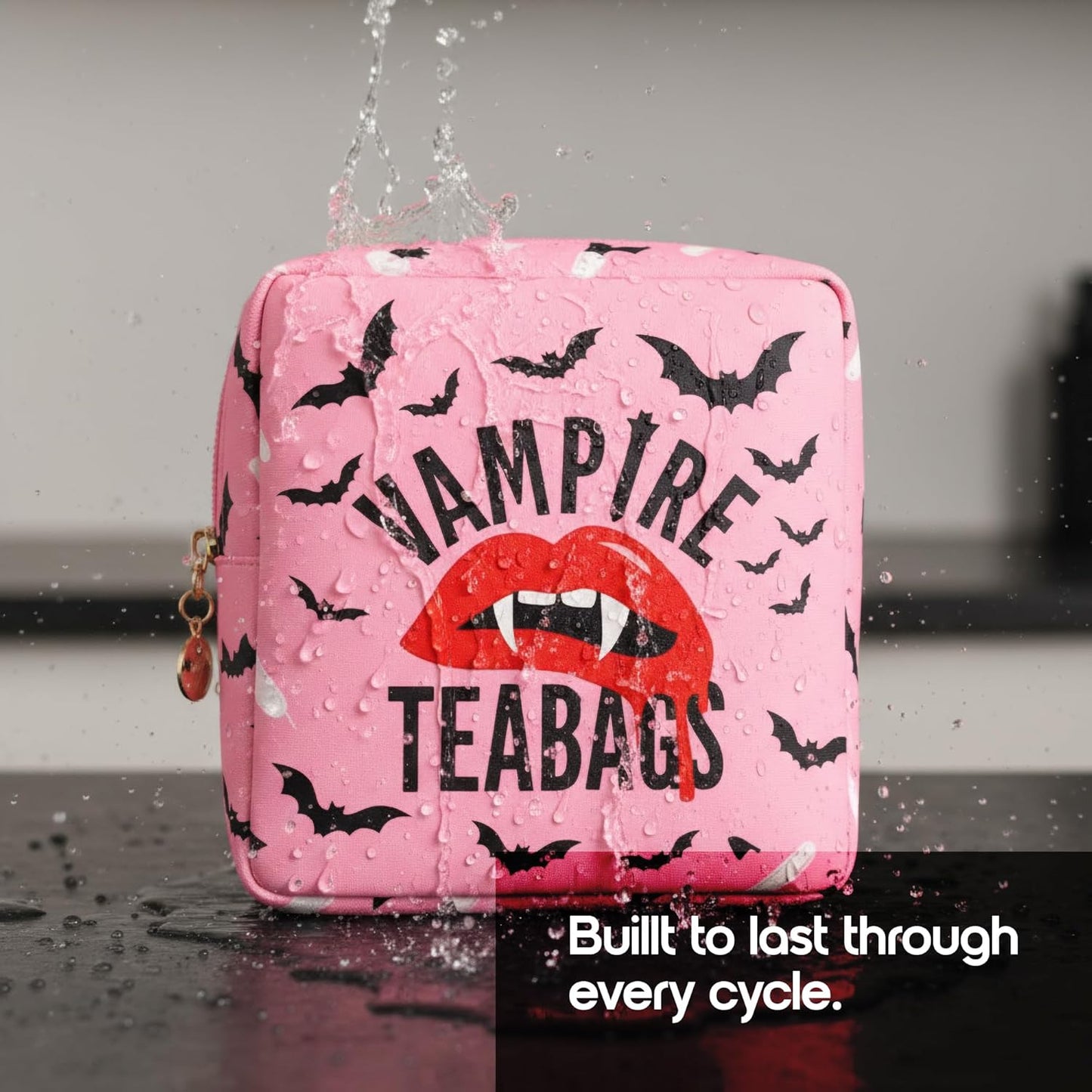 Primo Lines Period Bag for School – Compact Discreet Tampons & Pad Pouch with Waterproof Lining, Cute & Stylish Period Pouches for Teen Girls for School and Travel, First Period Kit (Vampire Teabags)