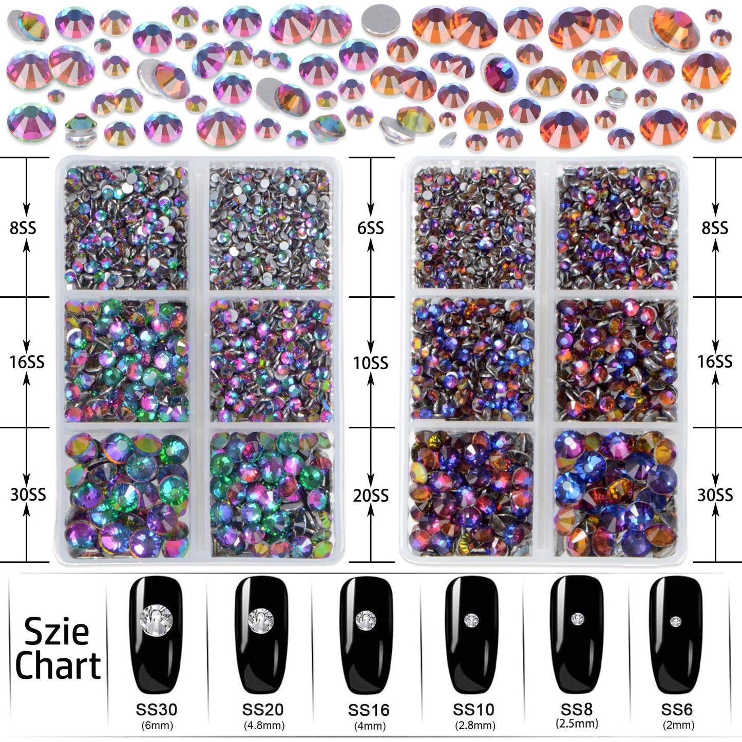 LPBeads 6000 Pieces Blue Volcano and Green Volcano Non Hotfix Rhinestones 6 Sizes Round Crystal Glass Flat Back Rhinestones with Tweezers and Picking Pen for Nail Art Crafts Clothes Bags DIY