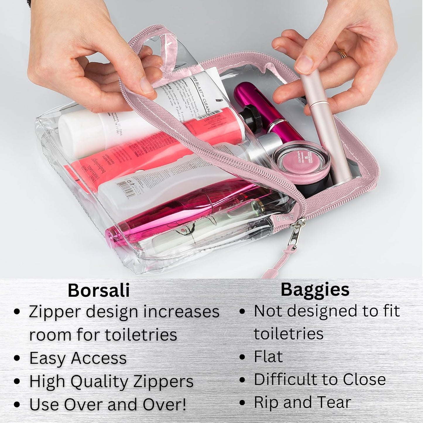 BORSALI TSA-Approved Quart-Sized Bag for Carry-On Travel - One (1) Quart Clear Toiletries, Cosmetic and 3-1-1 Liquids Toiletry Bag - Rose
