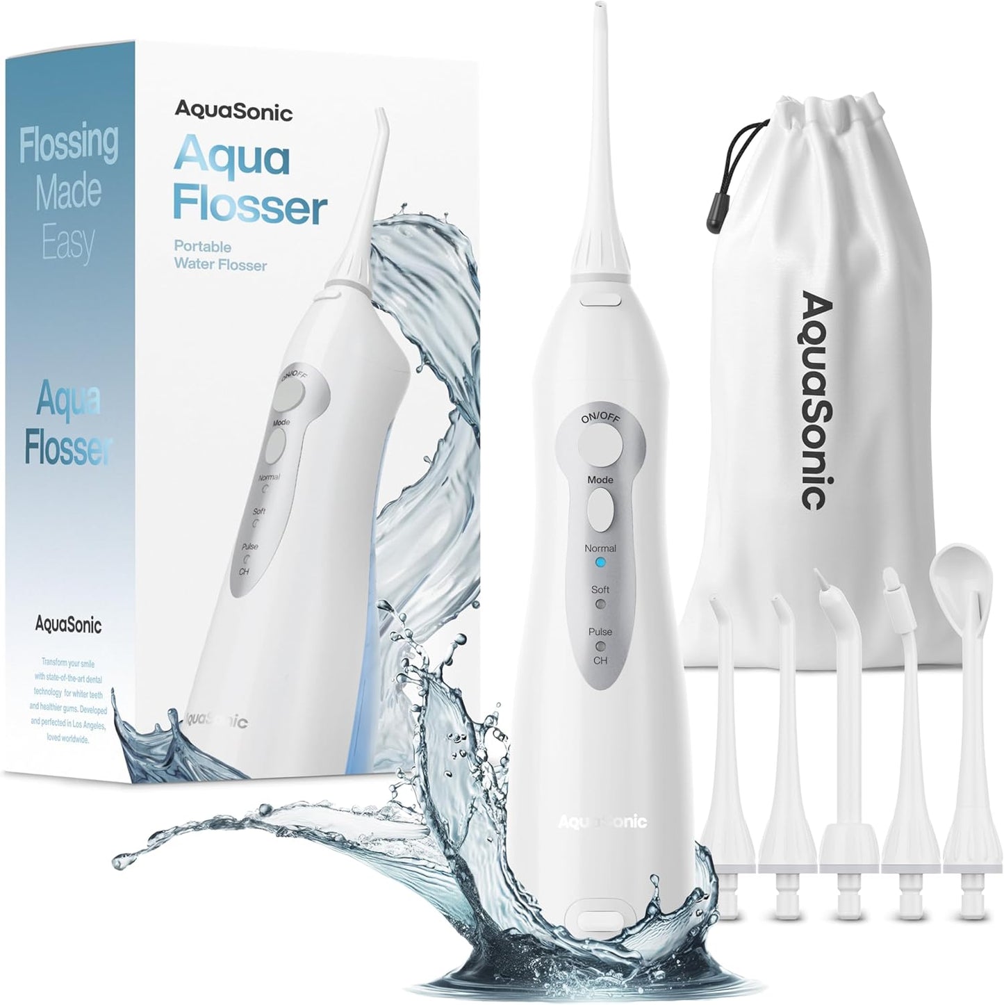 AquaSonic Aqua Flosser - Professional Cordless Oral Irrigator with 4 Tips and Travel Bag, IPX7 Waterproof with 3 Modes