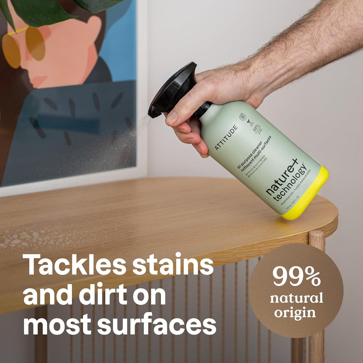 ATTITUDE All-Purpose Cleaner Spray, Natural Origin Ingredients, EWG Verified, Ammonia-Free, Removes Fingerprints, Dust and Dirt, Streak-Less, Geranium & Lemongrass, 26 Fl Oz