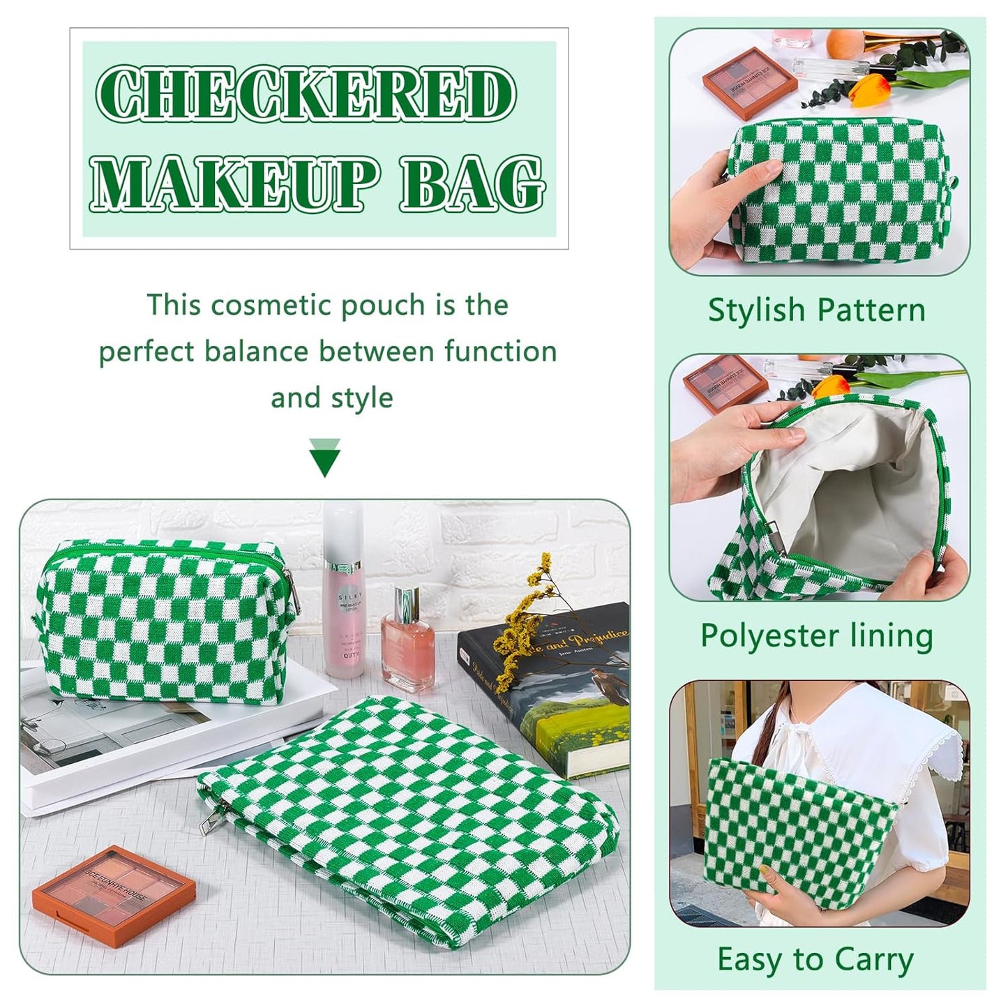 ZLFSRQ 2Pcs Checkered Makeup Bag for Women Large Small Checkered Cosmetic Bag Set Aesthetic Preppy Pencil Case Cute Pencil Pouch Green Makeup Pouch for Purse Travel Toiletry Bags Zipper Skincare Bags