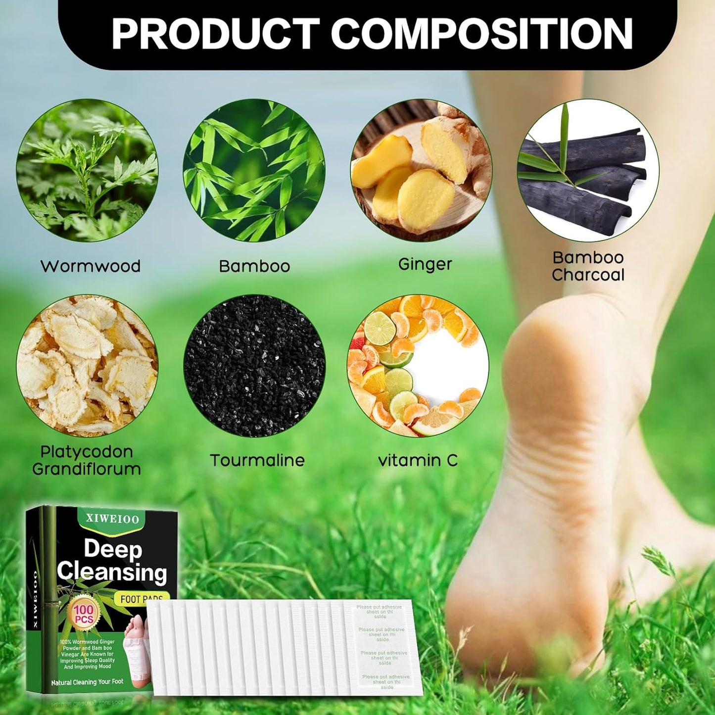 100 Foot Pads Natural Bamboo Vinegar Gingerr | Deep Cleansing Foot Paches for Stress Relief for Stress Relief, Better Rest, Feet Health Patches, Relaxing Muscles