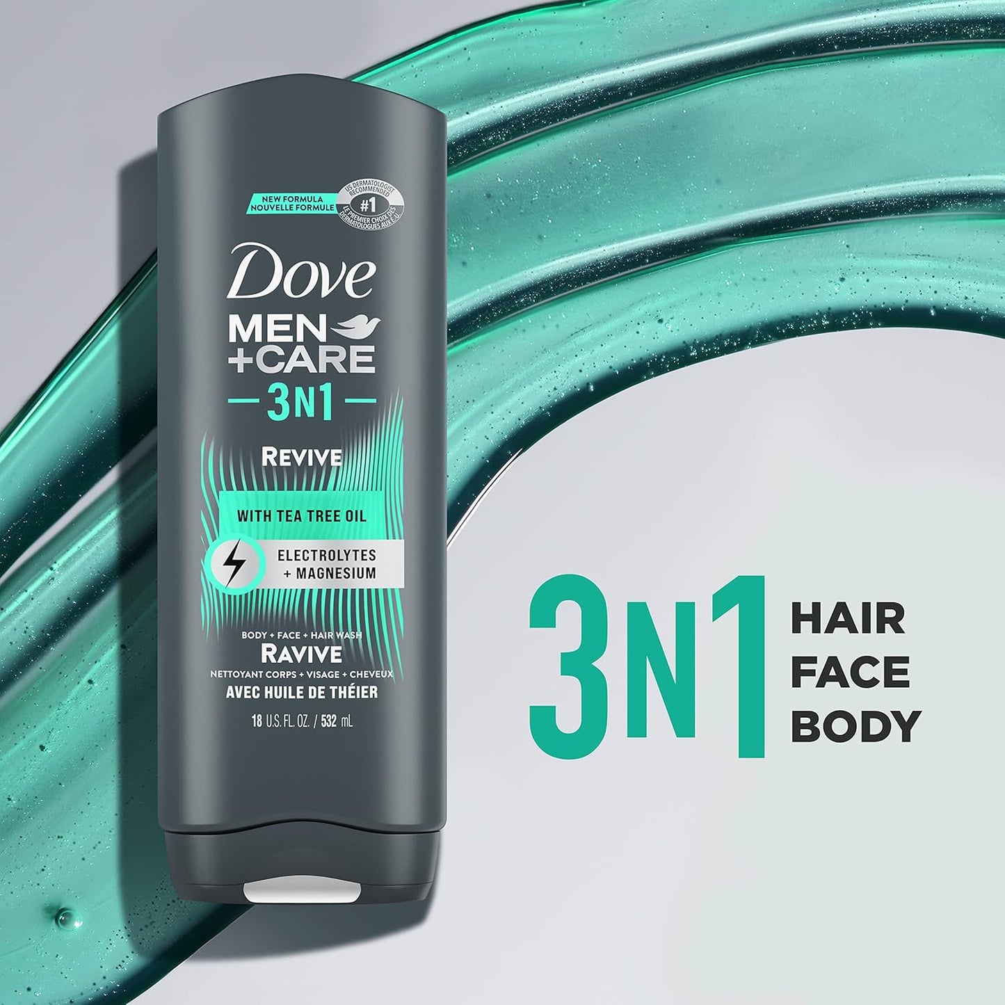 DOVE MEN + CARE Post-Workout Body Wash 3N1 Revive 4 Count For Men With Tea Tree Oil, 18 oz