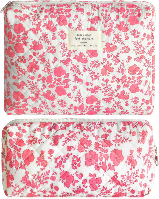 2Pcs Quilted Makeup Bag Set Flower Cute Pencil Case Large Small Travel Makeup Pouch Set for Women Coquette Makeup Bag Aesthetic Cotton Cosmetic Bag Pink Toiletry Organizer Storage Bag Big Zipper Pouch