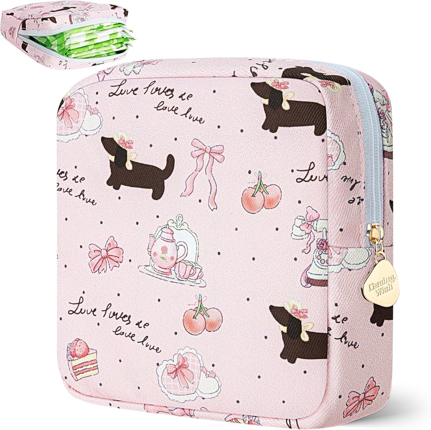 Desing Wish Sanitary Pad Storage Bag Portable Period Bag for Teen Pads/Sanitary Napkins/Small Tampons, Sanitary Napkin Storage Bag First Period Gifts for Teen Girls (Bowknot Dachshund)