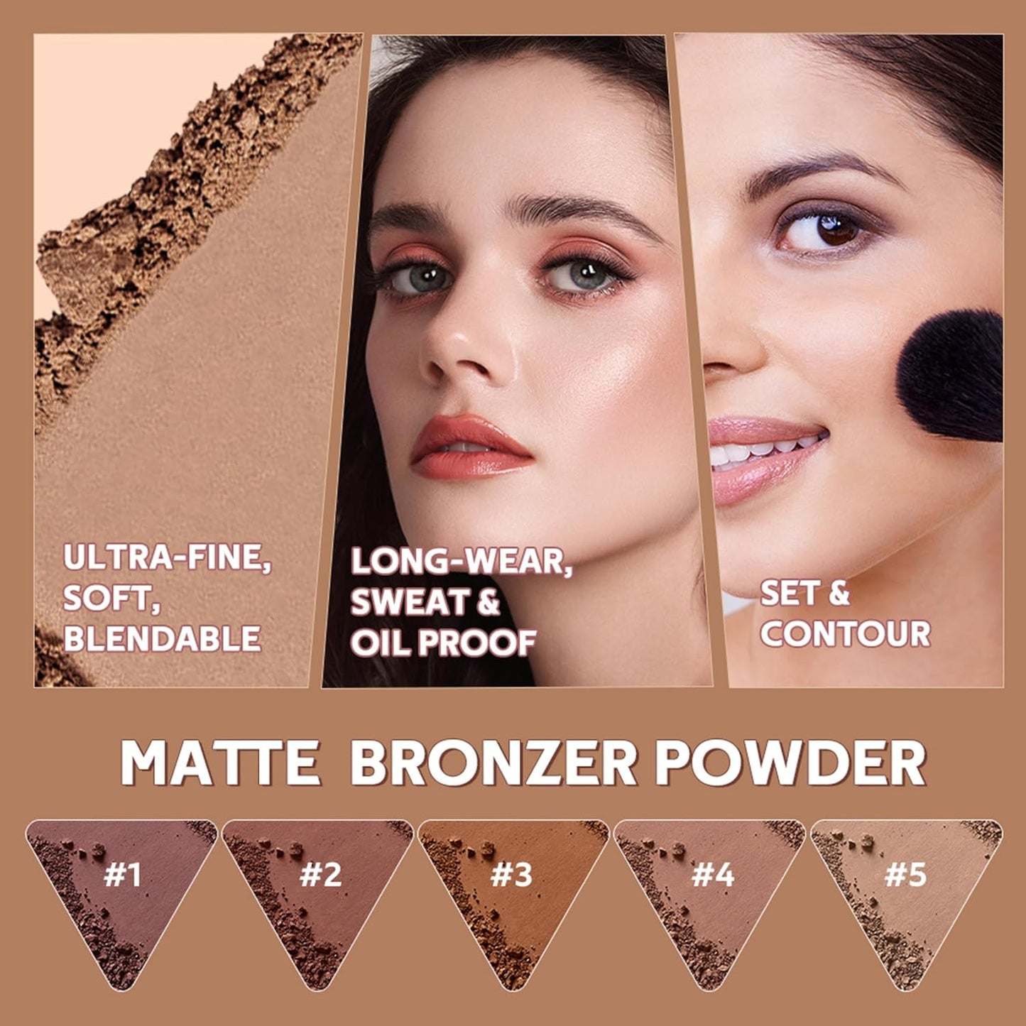 MAEPEOR Matte Bronzer Powder 5 Colors Buildable Natural Contour Bronzer Palette Long Lasting Setting Face Bronzered Powder (01 Deep)