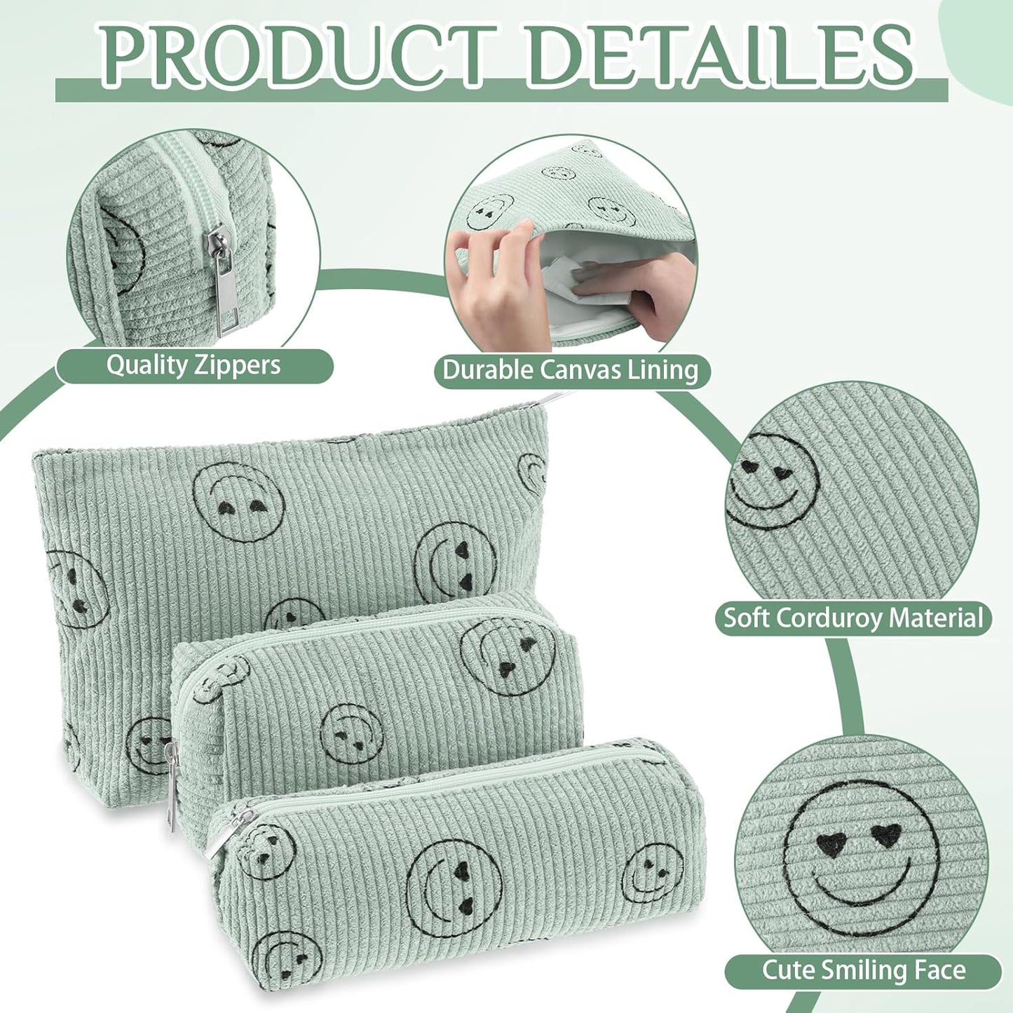3 Pcs Makeup Bag Set for Women Corduroy Cosmetic Pouch Aesthetic Smile Travel Toiletry Bag Cute Purse Pouch Pencil Case Makeup Brushes Storage Organizer for Christmas(Green,Smile Face)