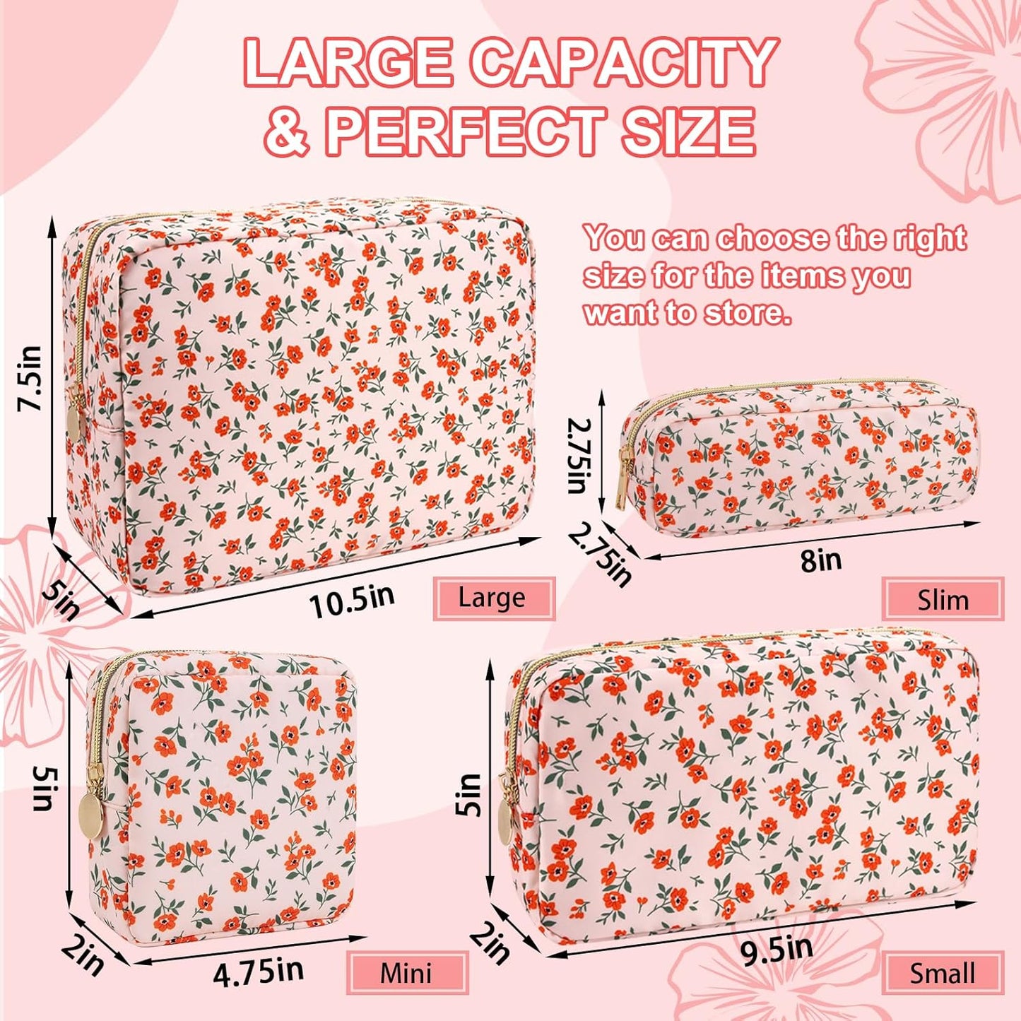 Waterproof Large Floral Makeup Pouch,Nylon Travel Toiletry Storage Purse Preppy Cosmetic Bag for Women Girl,Large Capacity Makeup Organizer Zipper Pouch for Work(L Pink-Flowers)