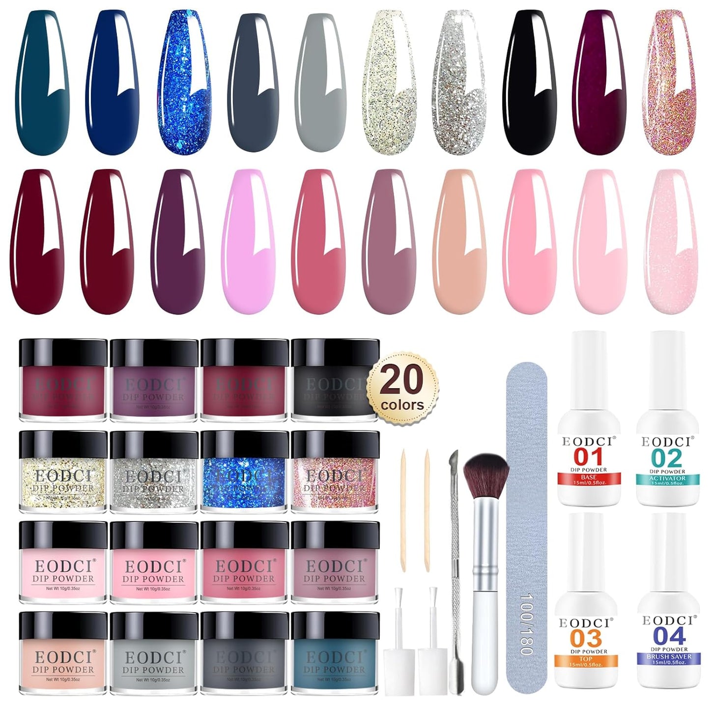 31 Pcs Dip Powder Nail Kit, 20 Colors Glitter Nude Pink Blue Gray Dip Powder Liquid Set with Top/Base Coat Activator for French Nails Art Manicure DIY Salon, No Needed Nail Lamp Curing