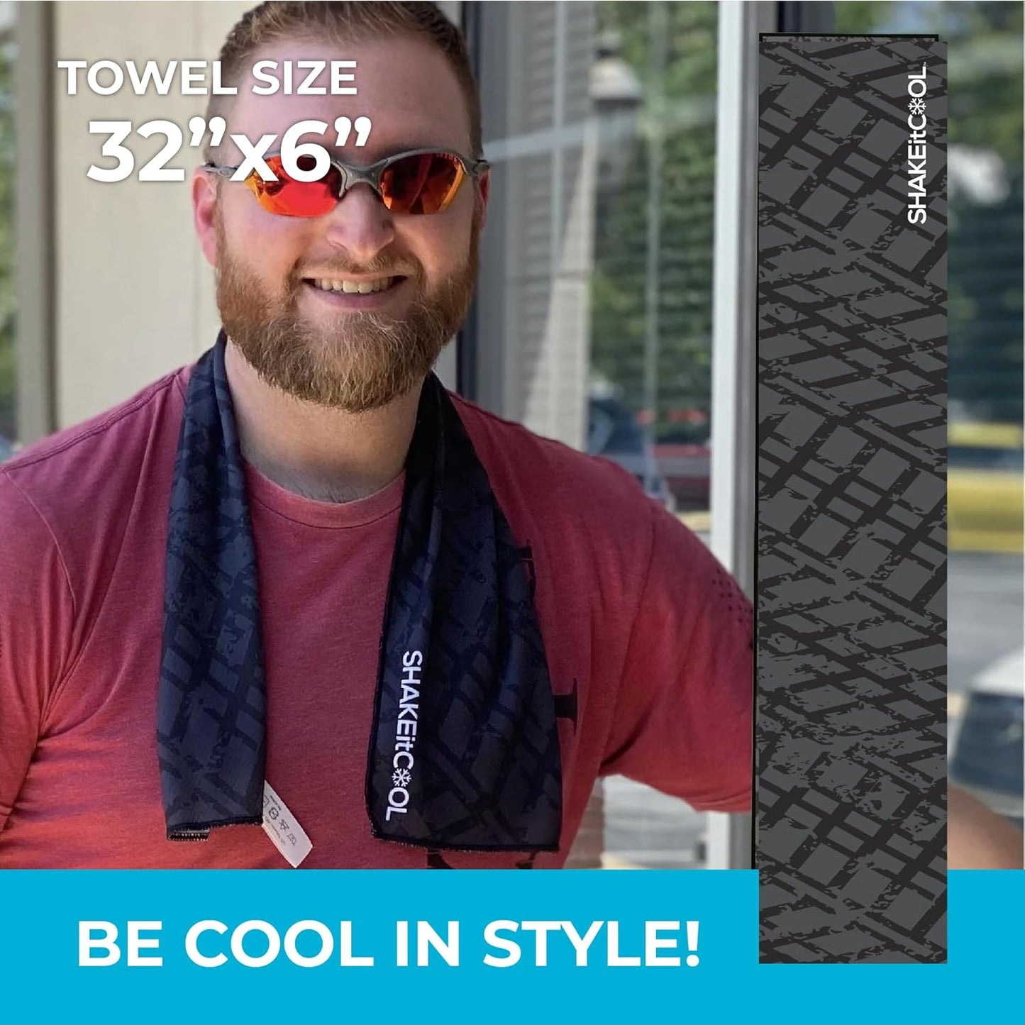 SHAKEitCOOL Original Cooling Towel – Be Cool in Style - Heat Relief, Soft, Lightweight, Sun Protection, Easy Clean - Perfect for Biking, Running, Yoga, Gym, Gardening - Black Tread