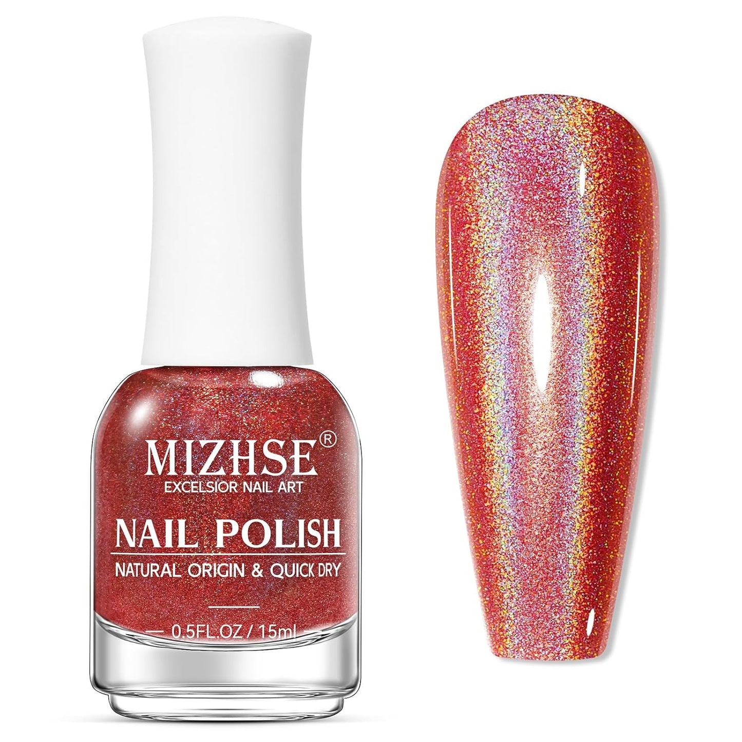 MIZHSE Holographic Nail Polish, Red Glitter Nail Polish Air Dry Fast, 15 ml 0.5 fl oz High Glossy Shiny Nail Pigment Oil-based Laser Iridescent Chrome Halo Nail Art Salon Manicure Home
