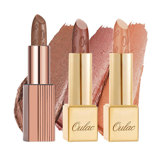 Oulac Metallic Brown Lipstick Set 3PCS, Comfortable Creamy Texture, Smooth No Grainy Feeling, Vegan & Gluten Free, Full-Coverage Lip Makeup, 3 X 4.3 g, 604+24+GM10