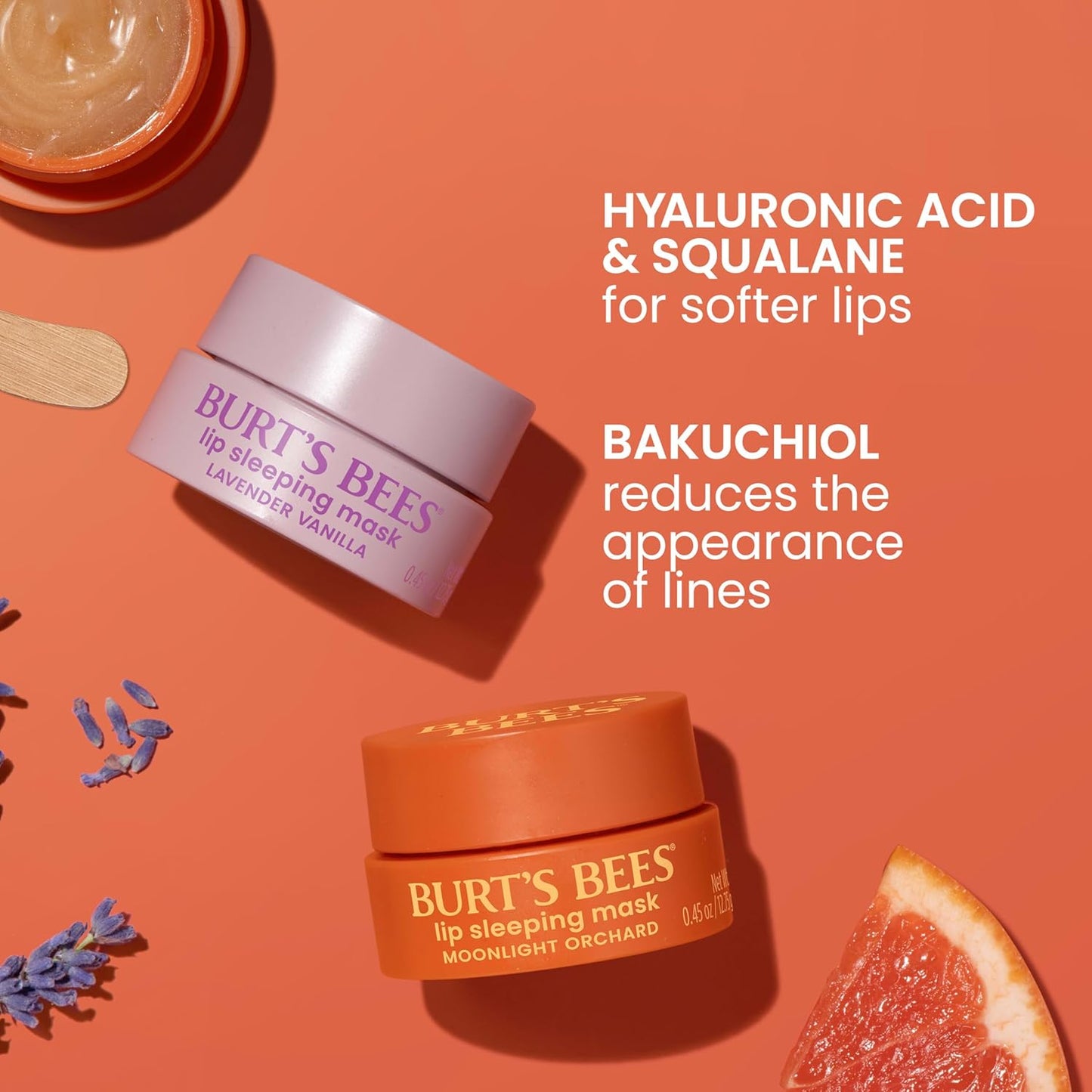 Burt’s Bees Lavender Vanilla Lip Sleeping Mask, With Hyaluronic Acid and Squalane Moisturizer To Instantly Hydrate Lips, Overnight Mask and Treatment, 0.45 oz.