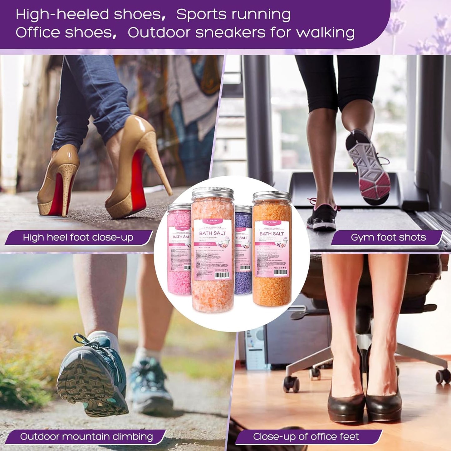 Foot Soak Salts 4 Pack Kit 56 OZ Himalayan Pink Salt Lavender Orange Rose Scent Athletes Itching,Tea Tree Oil Foot Care Pedicure for Women Dead Sea Salt Moisturizing Skin Softens Calluses