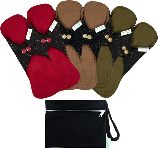 wegreeco 6 Pc Reusable Menstrual Pads, Ultra Absorbent Cloth Pads for Light/Heavy Flow, Sanitary for Teens, Women, Nonslip Panty Liners + Bag (Aqua, Burgundy, Coffee, XL)