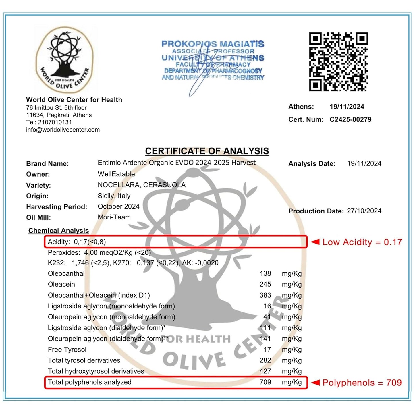 Entimio Ardente +600 mg/kg Polyphenol Rich Organic Extra Virgin Olive Oil, New 2024-2025 Early Harvest Italian Olive Oil from Sicily, Italy, 2025 Gold Winner, Cold Extracted, Lab Tested - 16.9 fl oz