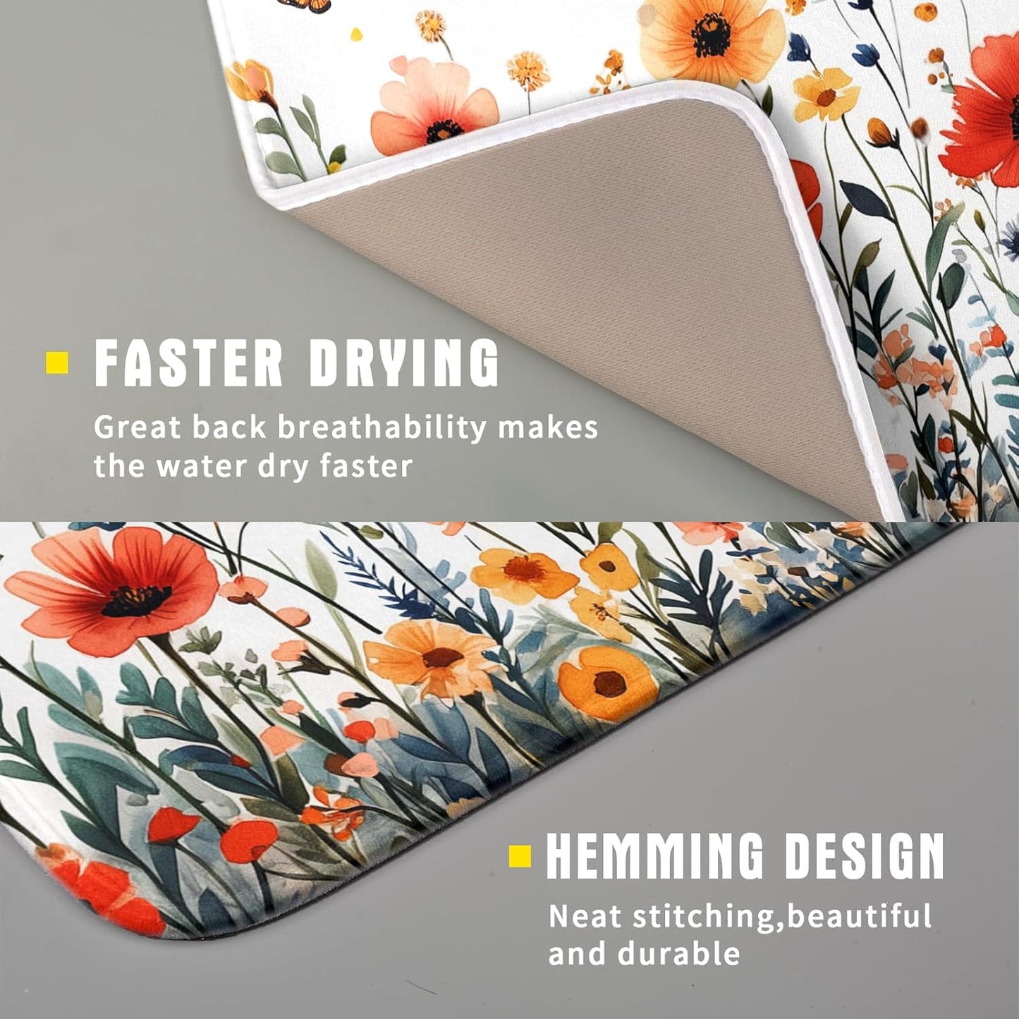 Poppy Flower Dish Drying Mat 16x18 Inch Floral Leaves Dish Drainer Protector Pad Washable Reversible Drying Pad for Kitchen Counter Sink