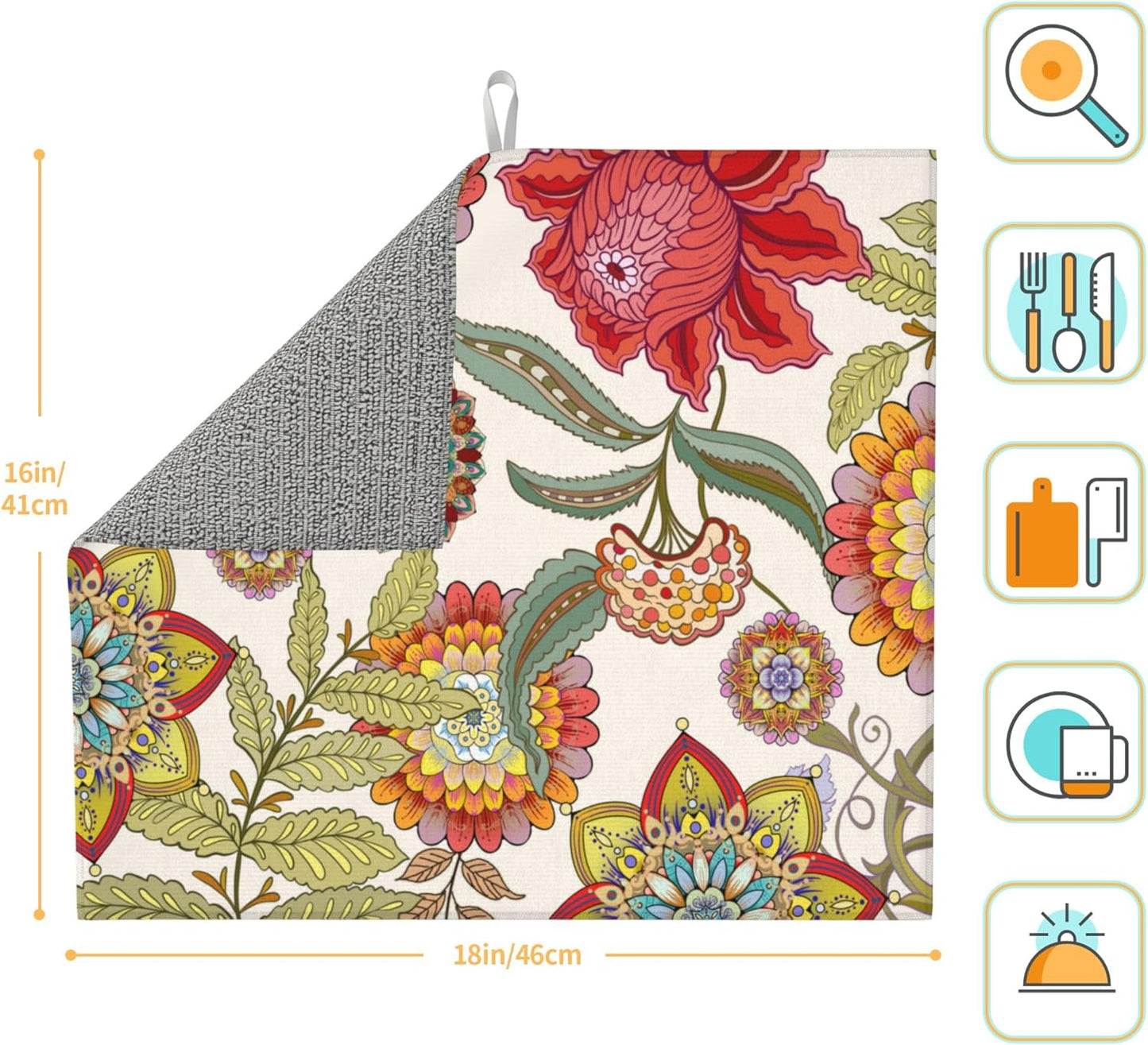 Boho Floral Dish Drying Mat for Kitchen Counter Washable Absorbent Reversible Microfiber Colorful Decorative Drying Pad Kitchen Accessories 16x18 Inch