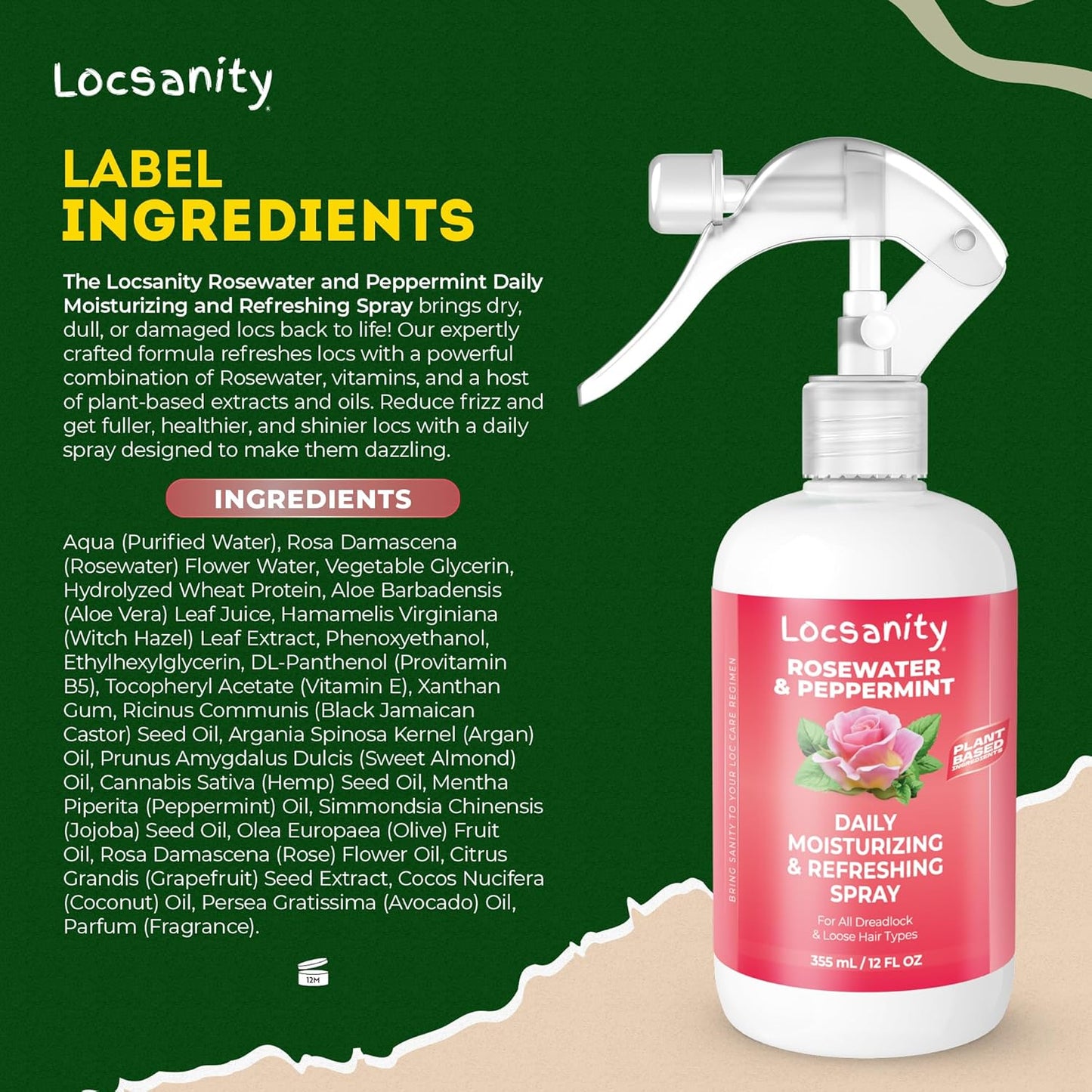 Locsanity Daily Moisturizing Refreshing Spray for Locs, Dreadlocks - Rose Water and Peppermint Hair Scalp Moisturizer, Dreadlock Spray - Natural Loc Care and Maintenance (12oz)