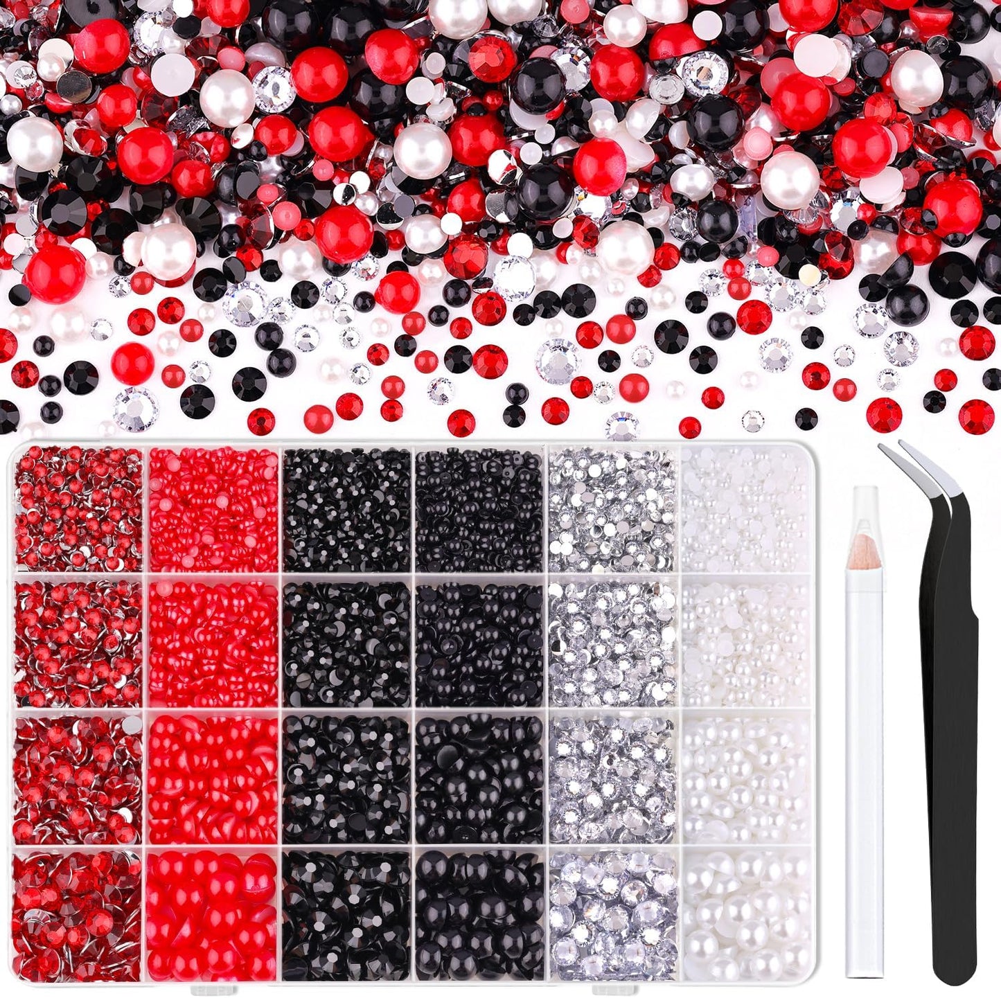 9000PCS Flatback Pearls and Rhinestones for Crafting, Red White Black Mixed Size 3-10mm Resin Rhinestones and Half Pearls for Bedazzling, Nail Art and Decoration with Tweezer and Pickup Pencil