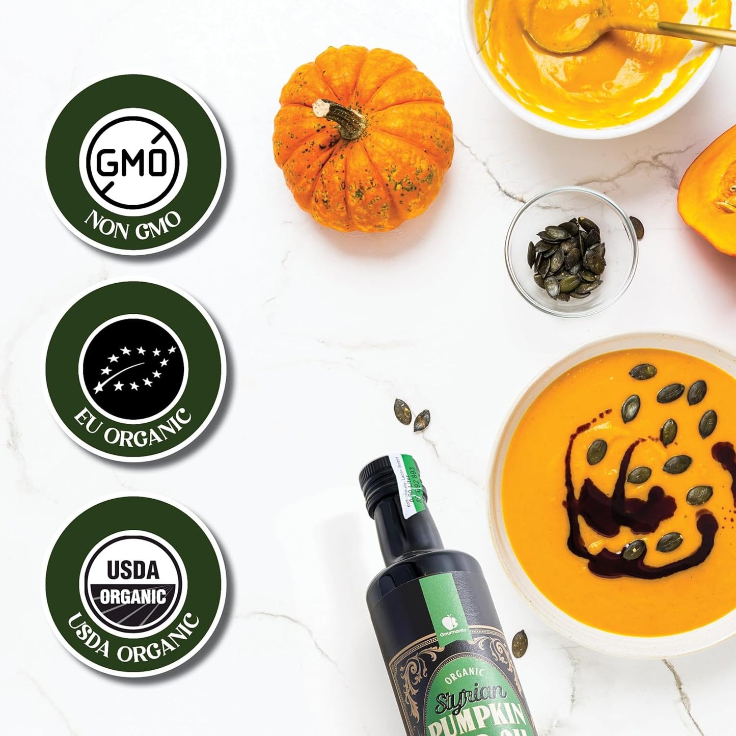 Gourmanity Organic Cold Pressed Styrian Pumpkin Seed Oil, Traditionally Made in Austria, 100% Pure Healthy and Delicious Oil, Non-GMO, Vegan and Keto Friendly, Perfect Drizzled Over Salads, 16.9 oz