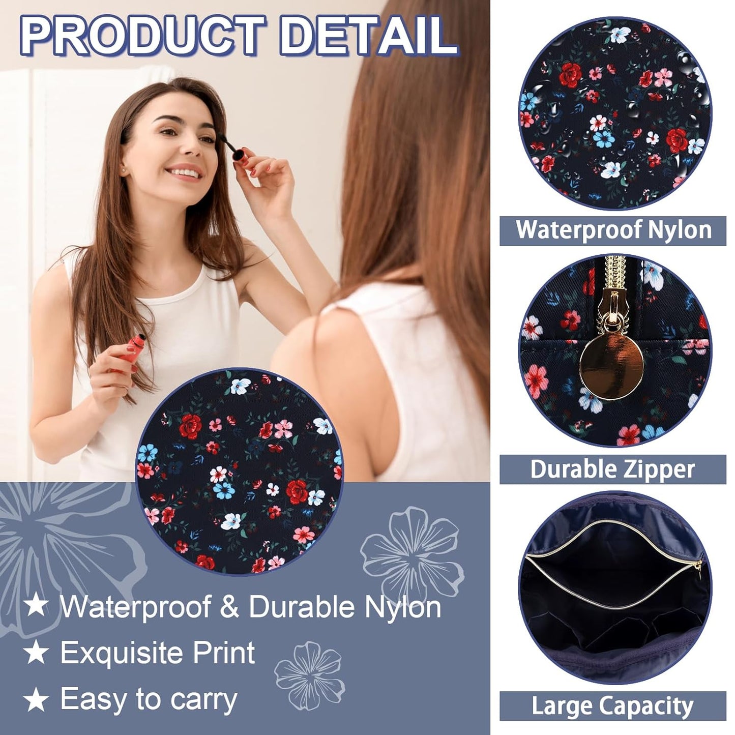 Waterproof Large Floral Makeup Pouch,Nylon Travel Toiletry Storage Purse Preppy Cosmetic Bag for Women Girl,Large Capacity Makeup Organizer Zipper Pouch for Work(L Black-Flowers)