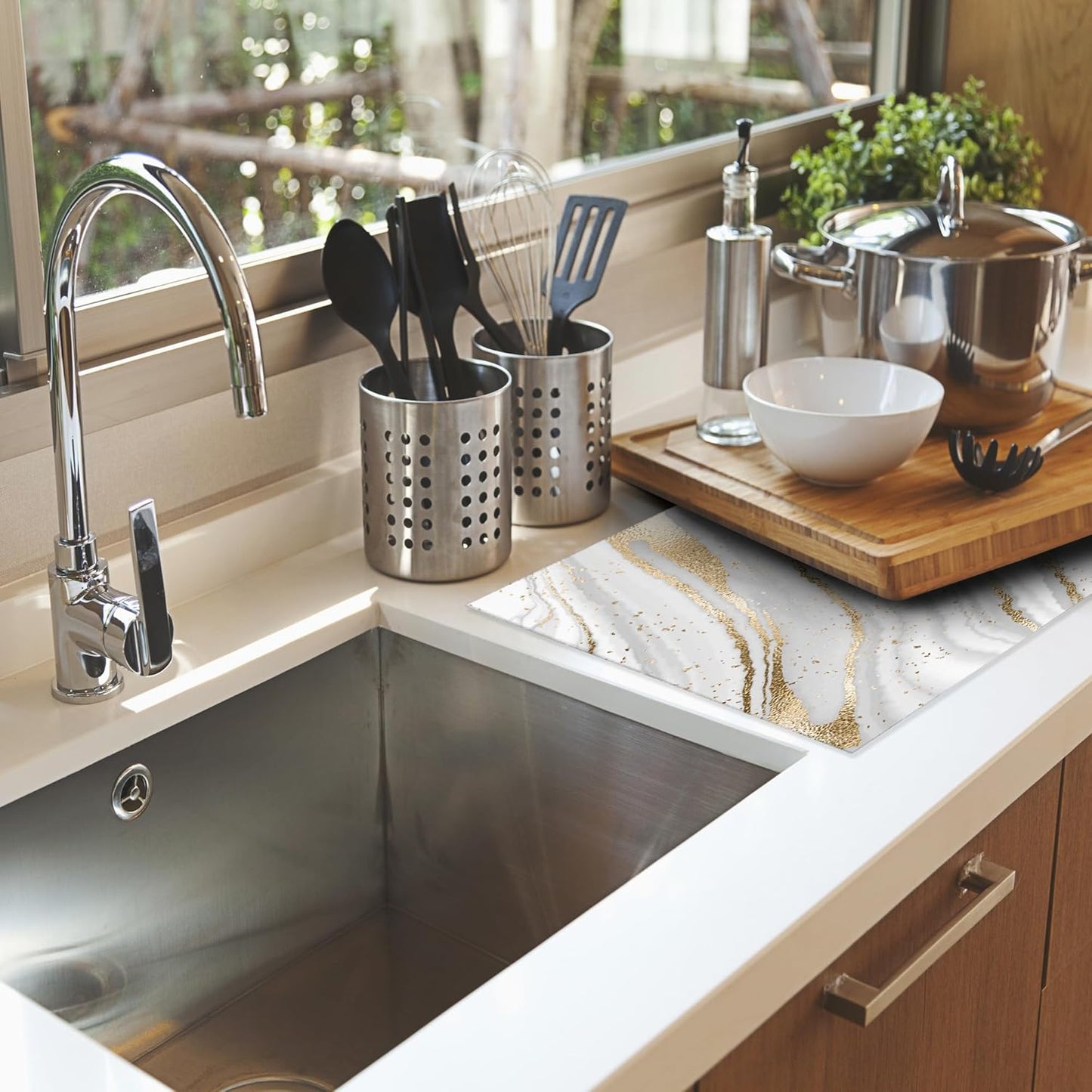 White Gold Marble Dish Drying Mats 18x24 Inch, Dish Pad Drying Rack Mat for Kitchen Counter Ultra Absorbent Microfiber Dishware Coffee Maker Bar Countertop Decor