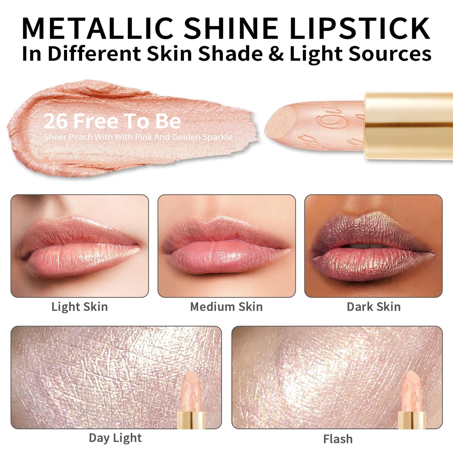 Oulac Glitter Lipstick for Women with Metallic 3D Shine Lightweight Hydrating Formula, High Impact Lip Color, Vegan Beauty, Sheer Coverage Lip Makeup, Christmas Gifts for Women, Free to be(26)