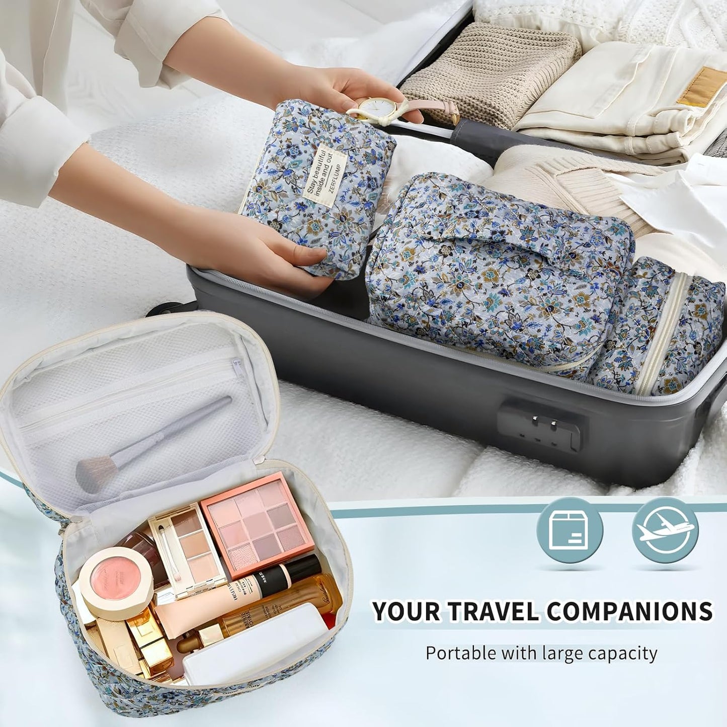 Cute Quilted Floral Makeup Bag(3Pcs)，Coquette Aesthetic Cosmetic Bag，Travel Toiletry Bags， Kawaii Aesthetic pouch for Women (62-BlueVine)