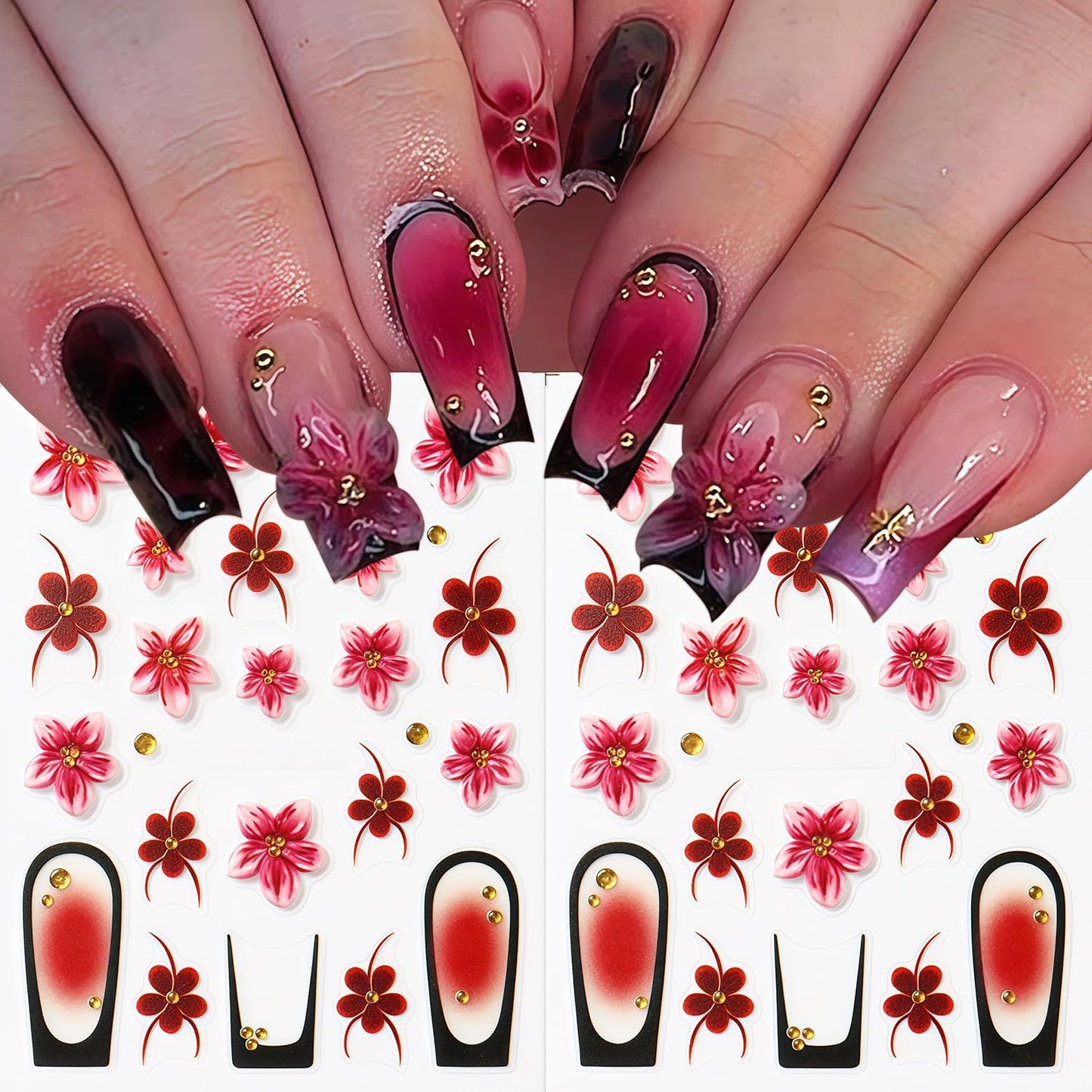 Flowers Nail Art Stickers Decals 5D Embossed Self-Adhesive Summer Flowers Nail Stickers French Tip Design Nail Decals Spring and Summer Flower Sticker for Women DIY Manicure Decoration Supplies