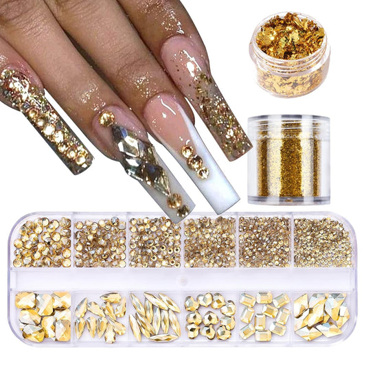 Nail Art Rhinestones Flatback Gold Nail Charms Multi Shapes Crystal Nail Supplies Mixed Nail Glitter Foil Design Nail Gems Nail Accessories for Women Nail Decorations., 3.0 Count