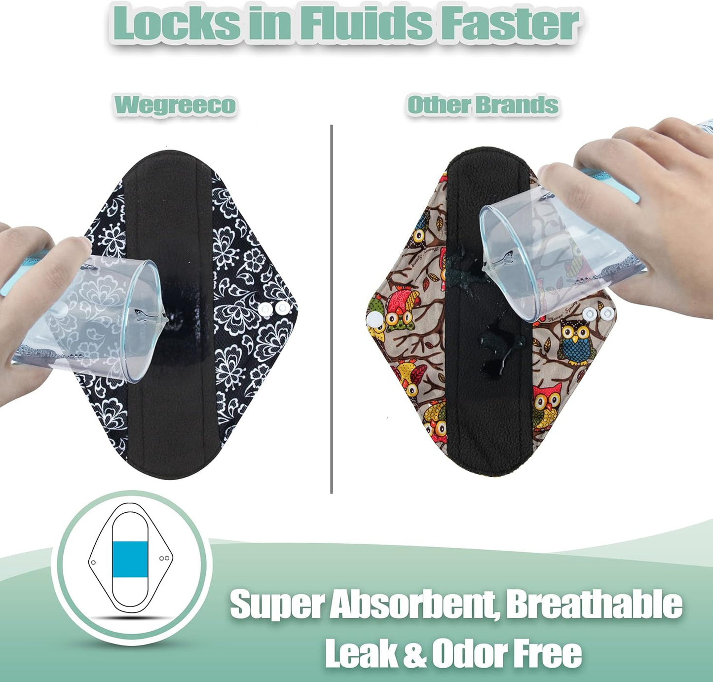 Wegreeco Reusable Menstrual Pads - Soft Cloth Sanitary Pads | Panty Liners - 6 Pack with 1 Cloth Wet Bag (Black, Grey Lace, X-Large)