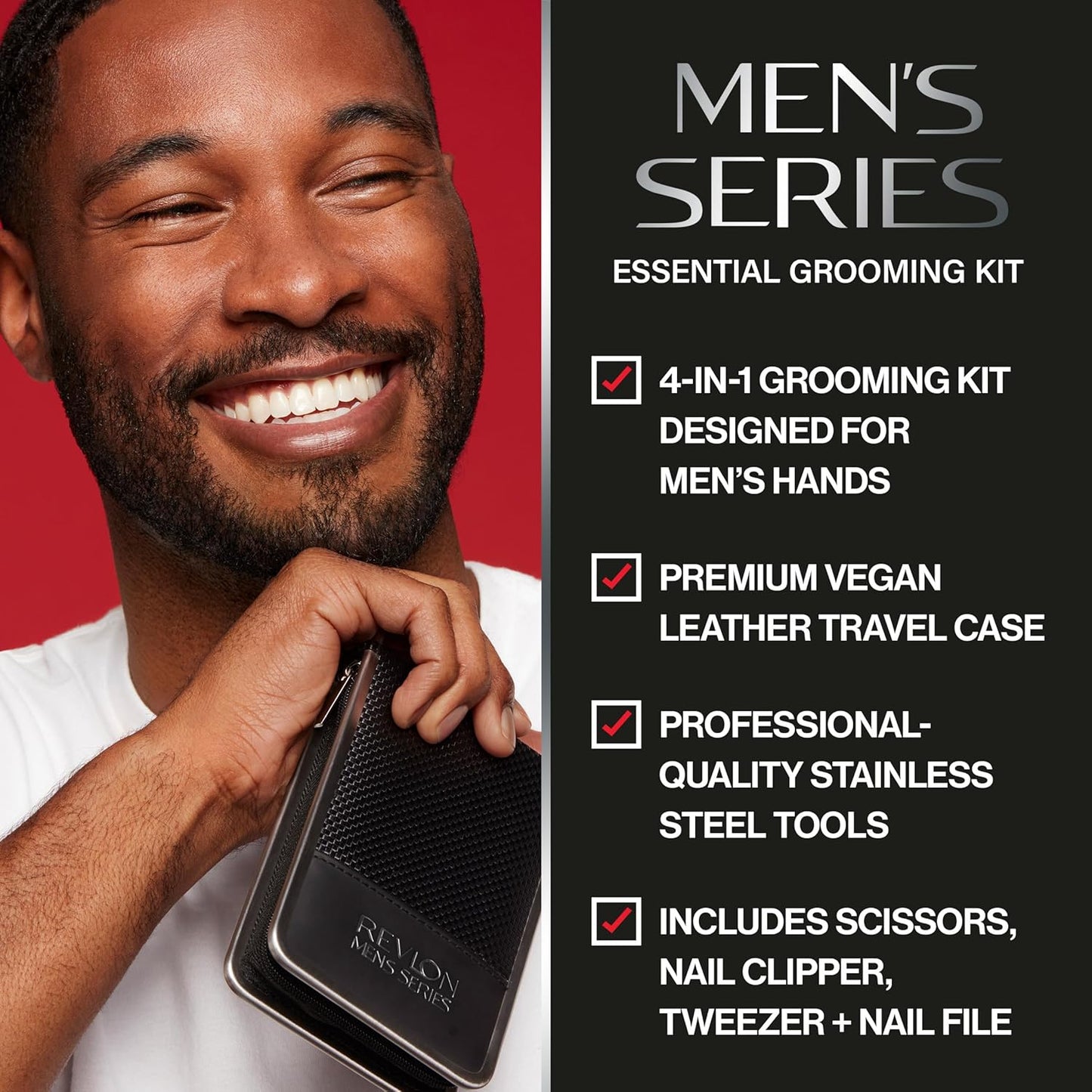 Revlon Men's Grooming Kit, 5-Piece Travel Essentials Set, Includes Nail Clippers, Scissors, File, Tweezers and Carrying Case, Stainless Steel, 1 count