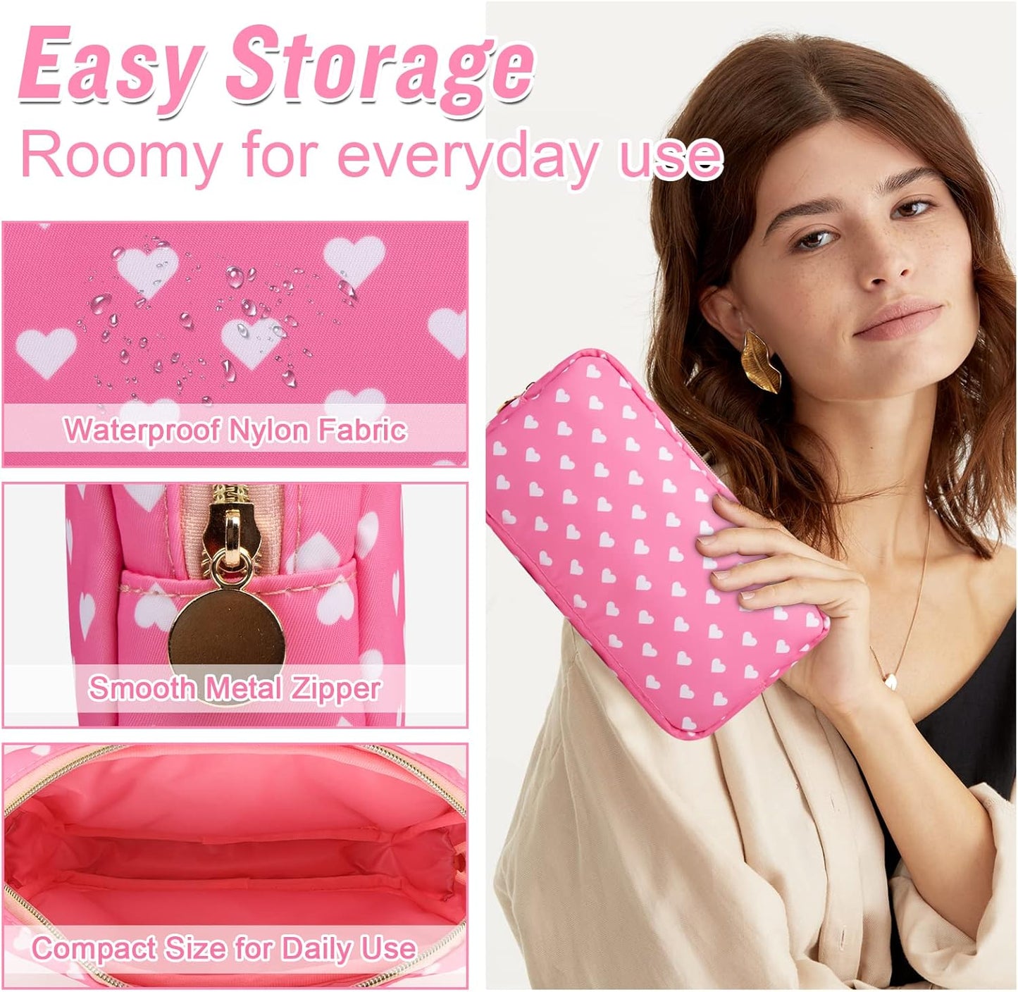 Nylon Small Makeup Bag for Purse, Cute Makeup Bag Preppy Cosmetic Zipper Pouch Purse, Waterproof Portable Travel Toiletry Bag Clutch Makeup Brush Bag Organizer Storage for Women Men Girls(Pink Heart)