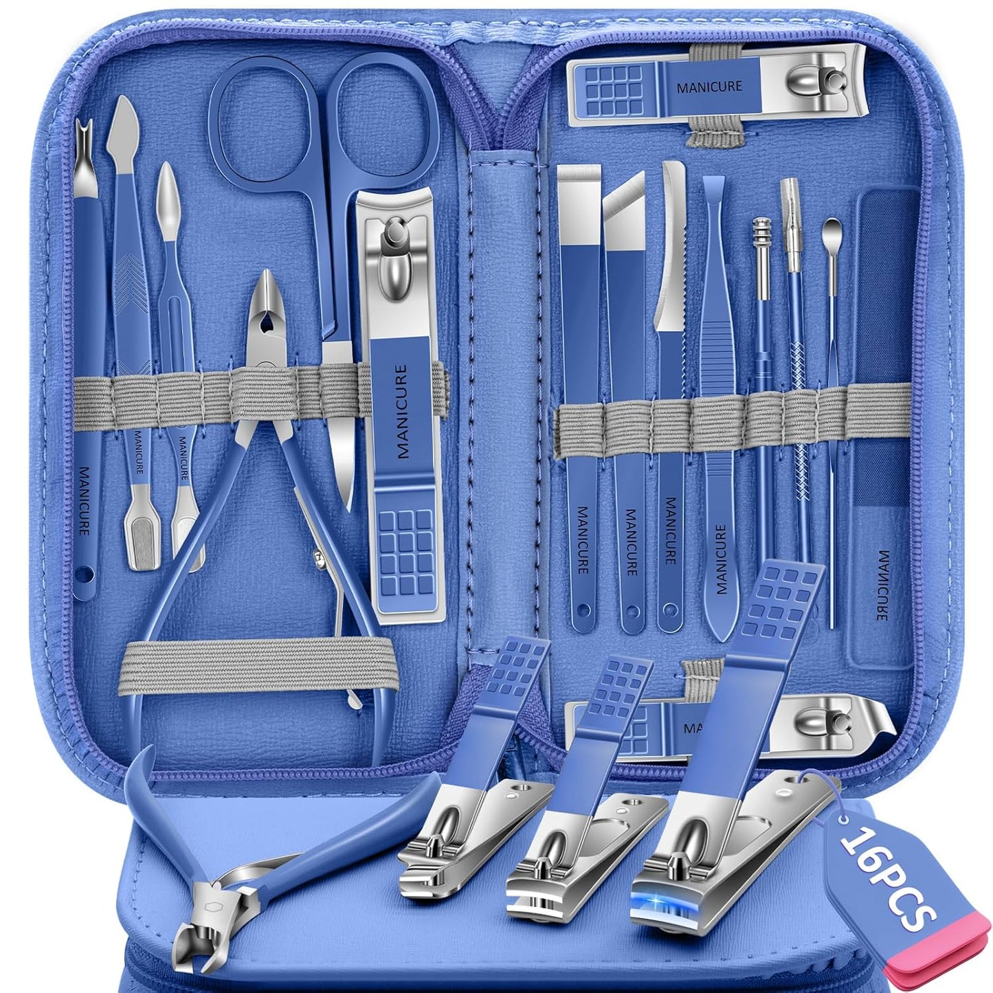Manicure Set 16Pcs Nail Clippers Set Manicure Kit Professional Stainless Steel Pedicure Kit Nail Care Kit for Women Men with Luxurious Travel Bag, Suitable for Home, Travel, and Salon (Blue)