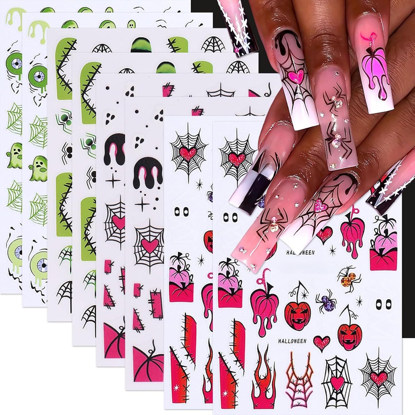 8Sheets Halloween Nail Stickers for Nail Art,3D Self-Adhesive Cute Ghost Spider Nail Decals Pink Red Horror Pumpkin Heart Spider Web Nail Design Nails Supplies for Women Manicure Holiday Decorations