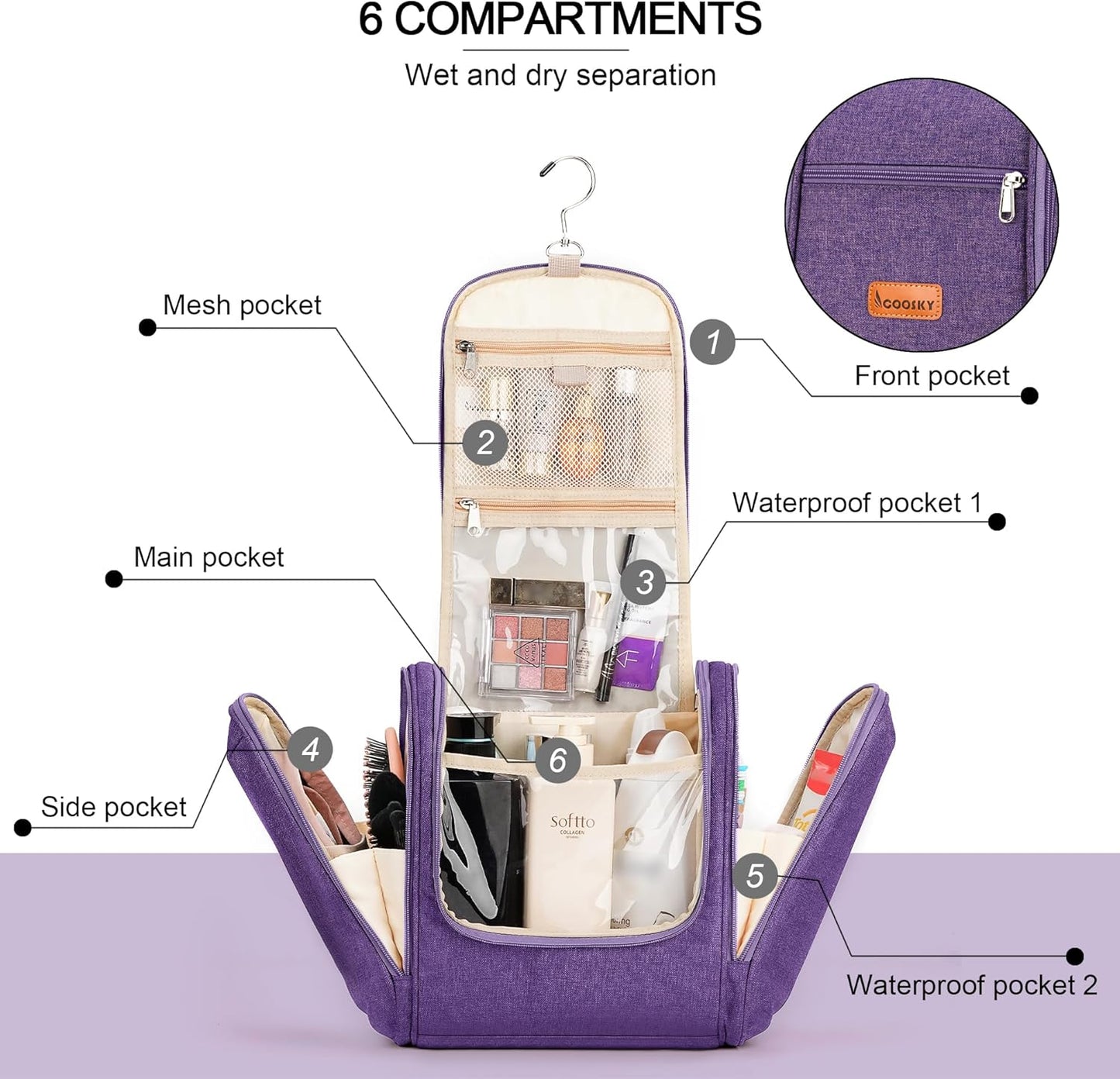 Travel Hanging Toiletry Bag for Women and Men, 6 Organizer Compartments, Holds Full Size Bottles, Extra Large Cosmetic Accessories, Makeup essentials, Bathroom Water-resistant Toiletries Bag, Purple
