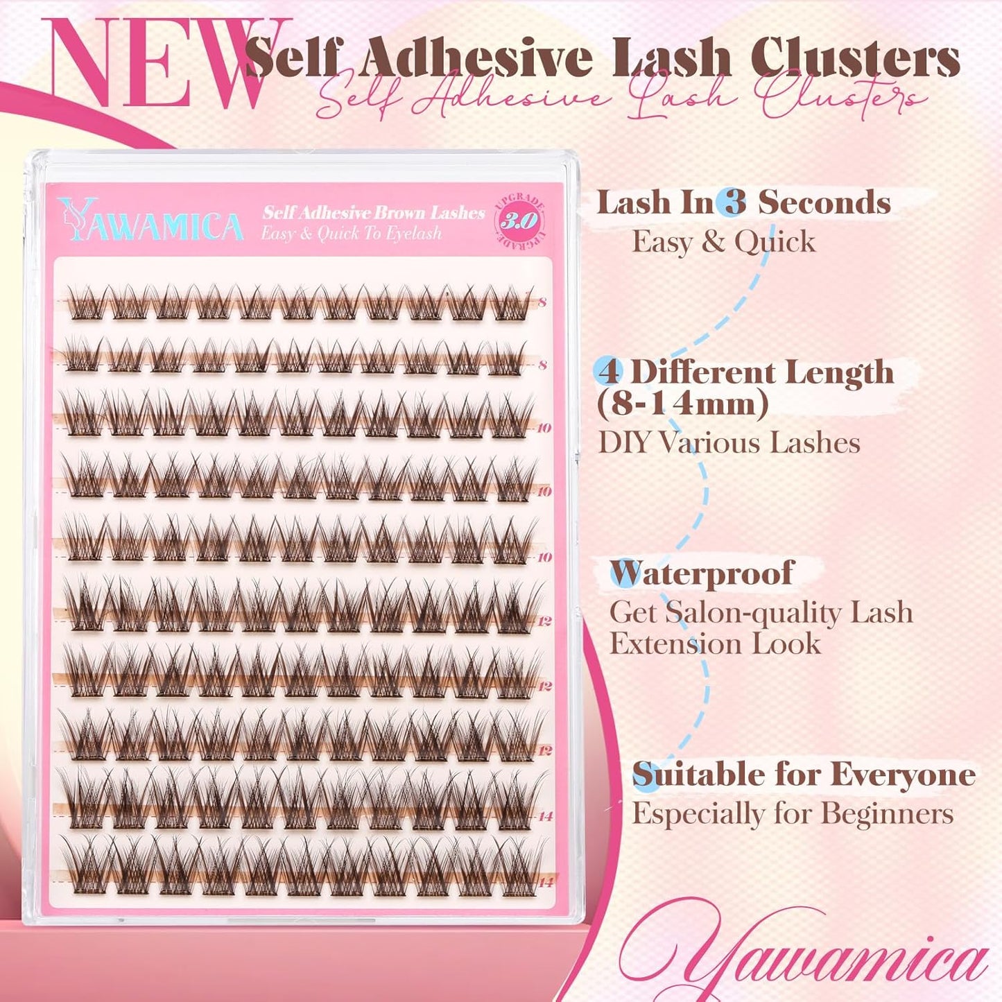 Yawamica Self Adhesive Eyelashes Brown Lash Clusters No Glue Needed Press on Lashes Reusable Pre-glued Eyelash Clusters 8-14mm Wispy Individual Lashes C Curl Cluster Lashes DIY Brown Lash Extension