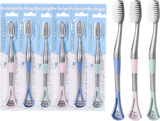 2IN1 Toothbrush Medium with Tongue Scraper, Medium Toothbrushes for Adults, Travel Toothbrushes with Ergonomic Handle, Assorted Colors, 6 Pack