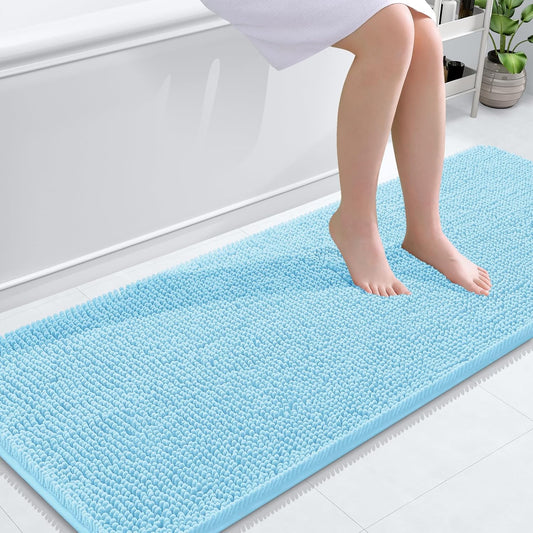 OLANLY Bathroom Rugs 59x24, Extra Soft Absorbent Chenille Bath Rugs, Rubber Backing Quick Dry, Machine Washable Bath Mats for Bathroom Floor, Tub and Shower, Home Decor Accessories, Sky Blue