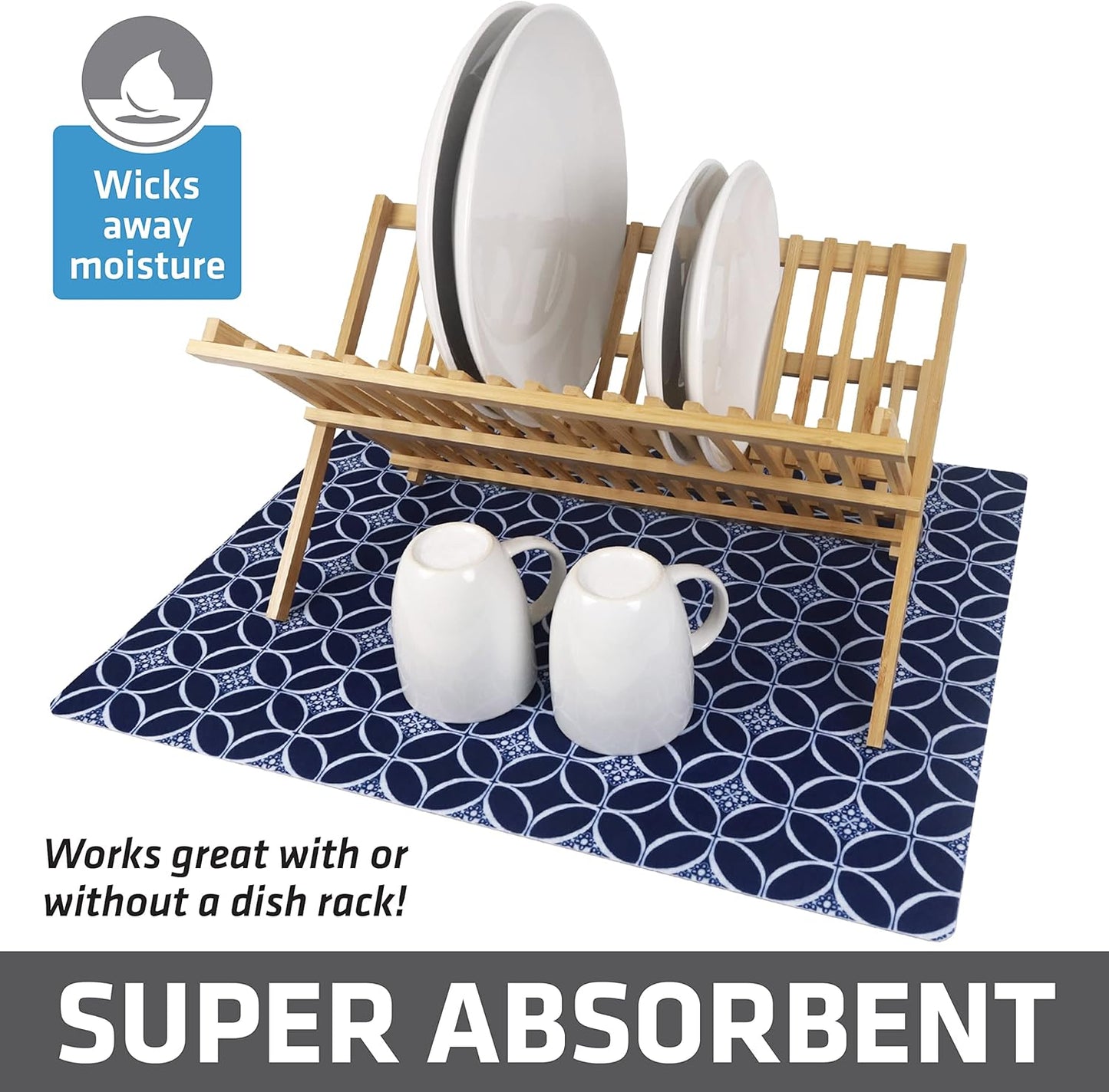 Drymate XL Dish Drying Mat, Oversized (19”x24”), Low-Profile, Super Absorbent, Quick Dry Fabric, Waterproof & Slip-Resistant, for Kitchen Counter, Trimmable, Easy to Clean (USA Made)(Indigo)
