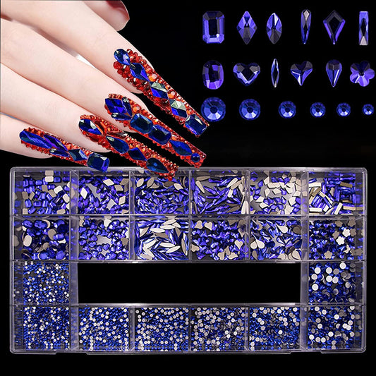 3100Pcs Flat Back Rhinestones for Nails, HOINCO Blue Rhinestones for Nails, Mix 20 Styles Flatback Rhinestone/Gems, 600 Diamonds + 2500 Round Rhinestones Beads for Nail Crafts with Tweezers Pen