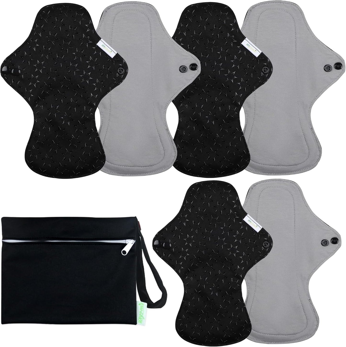 wegreeco 6 Pcs Reusable Menstrual Pads, Ultra Absorbent Cloth Pads for Heavy Flow, Sanitary for Teens, Women, Nonslip, Grey Inner, Black Outer, Small