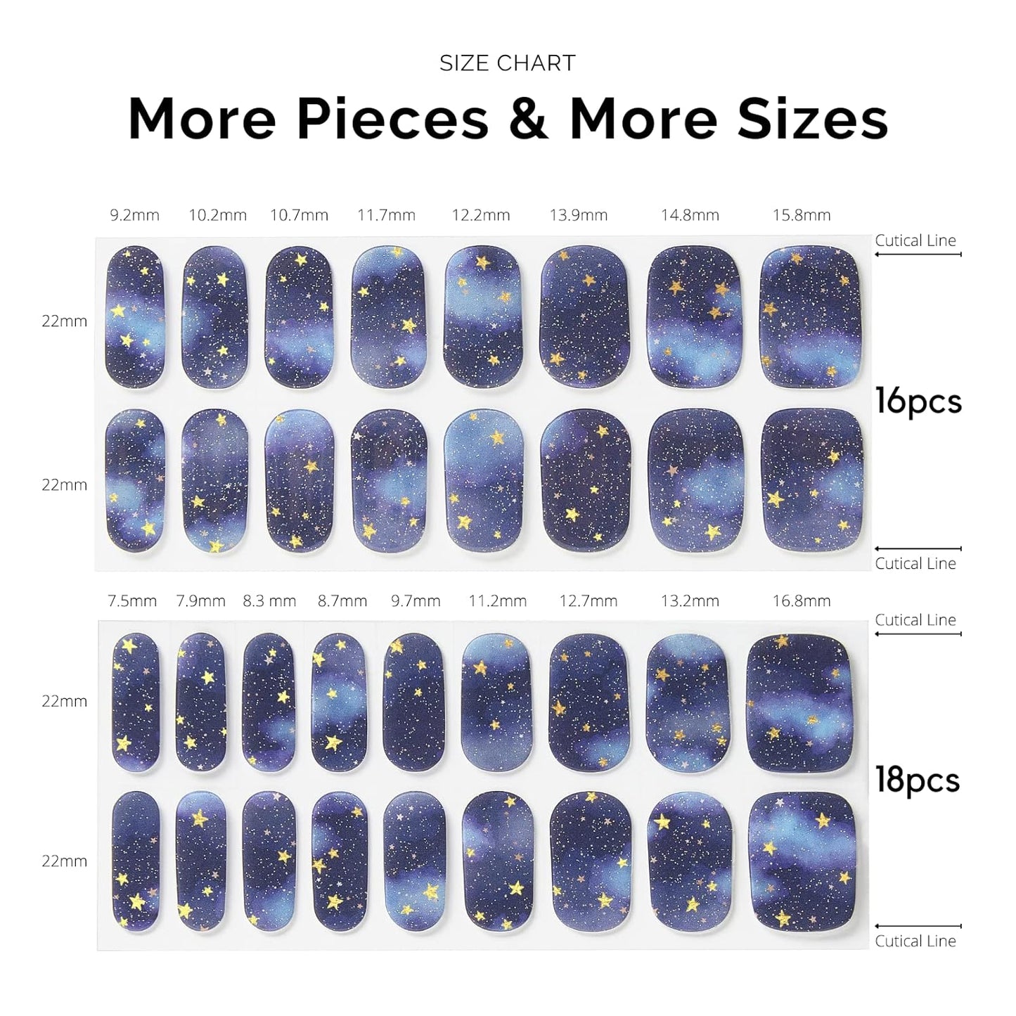 Nailog Semi Cured Gel Nail Strips 34 pcs| Long Lasting Nail Polish Sticker Wraps with Glossy Gel Finish, Starry Night