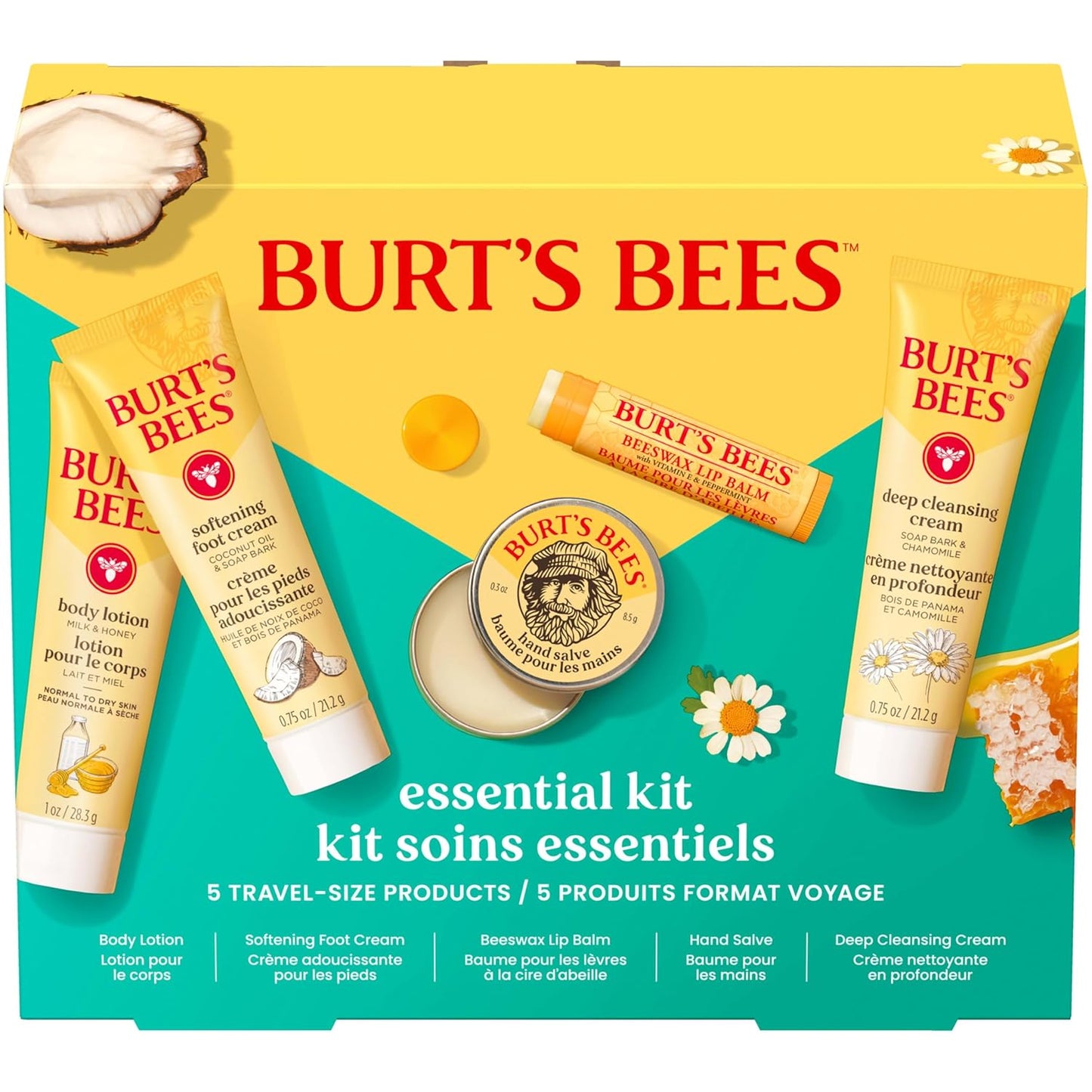 Burt's Bees Back to School Gift Ideas - Essentials Everyday Set, 5 Travel Size Products - Deep Cleansing Cream, Hand Salve, Body Lotion, Foot Cream and Original Lip Balm