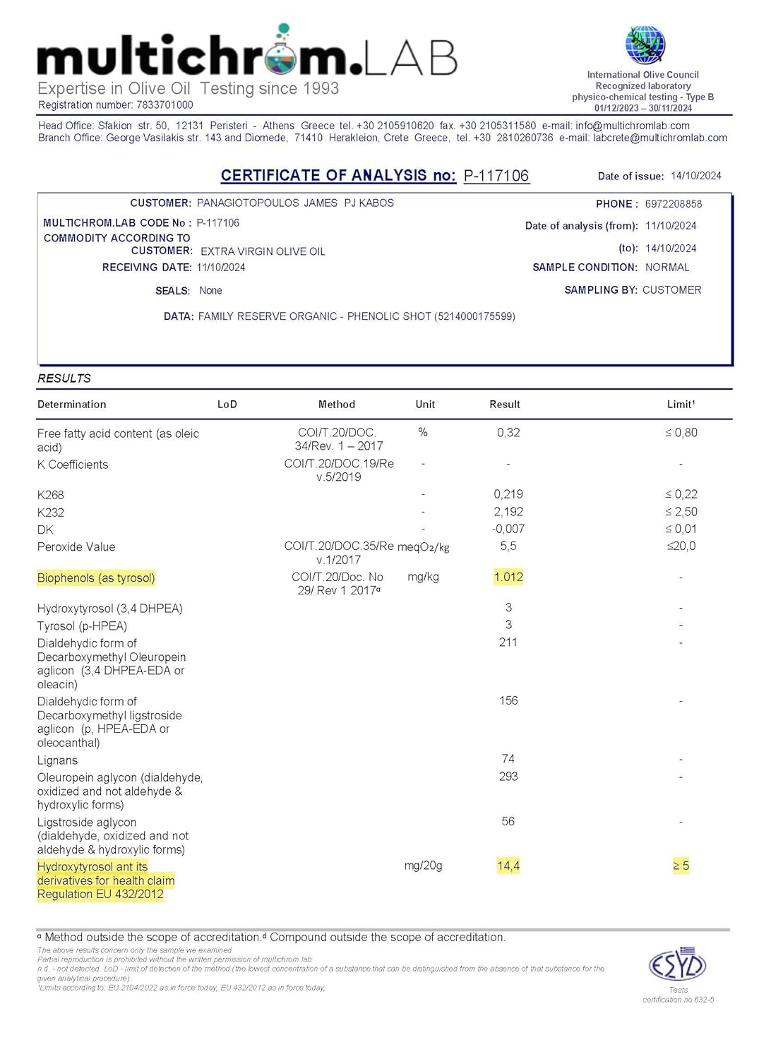 P.J. KABOS 2024/25 Harvest, Extremely High Phenolic (1000+ mg/kg), USDA Organic Greek Extra Virgin Olive Oil, Kosher, Cold Extracted, 16.9oz Bottle, PJ KABOS “Family Reserve Organic - Phenolic Shot”