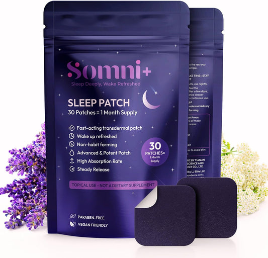 Somni+ Sleep Patches for Adults | Extra Strength Melatonin Sleep Patch | Natural, Drug-Free, Non-Habit Forming | Supports Restful Sleep | Long Lasting Effect | Wake Up Refreshed | 30 Sleep Patches