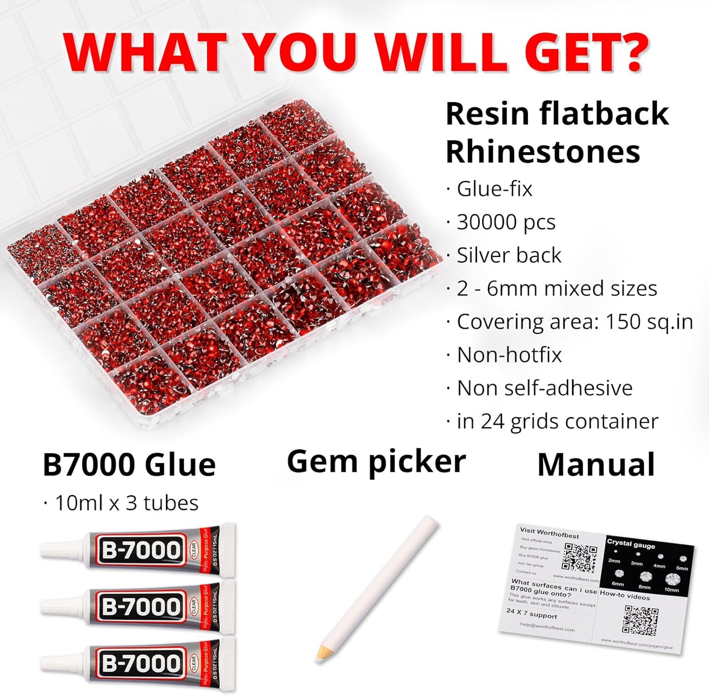 30000Pcs Resin Rhinestones for Crafting Bedazzling, Red Flatback Gems Jewels Rinestones for Crafts Clothing Clothes Shoes Fabric Tumblers Cups, Sparkly Red Flat Back Bedazzled Diamond with b 7000 Glue