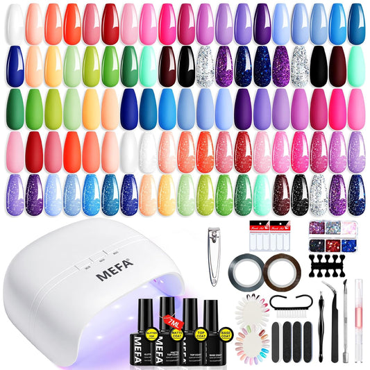MEFA 32 Colors Gel Nail Polish Kit with U V Light, Spring Bright Pastel 60Pcs Pink Gel Polish Nail Set with Matte/Glossy Base Top Coat Essential Manicure Tools Nails Art Decorations Women Gifts